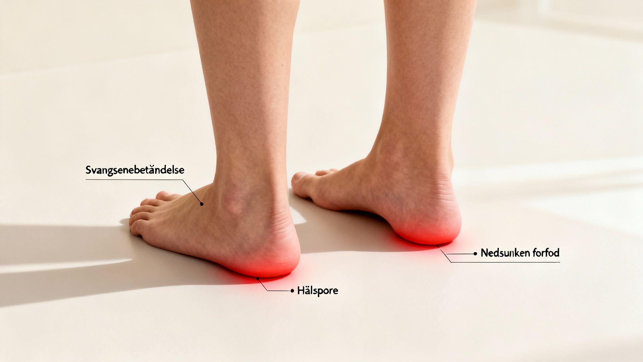 Billede af fødder set bagfra med markeringer for svangsenebetændelse, hælspore og nedsunken forfod, der illustrerer almindelige fodproblemer.