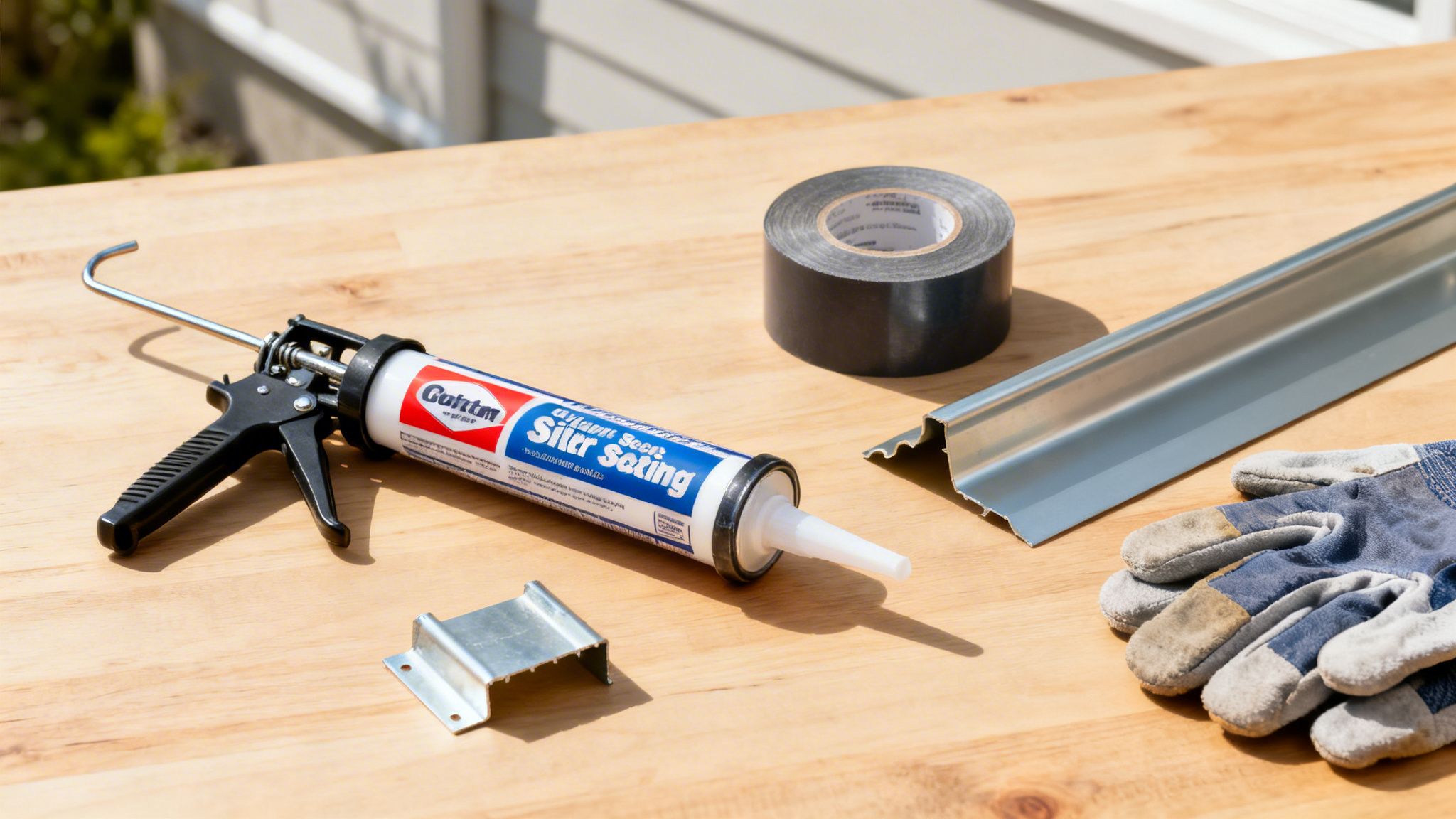 En fugepistol, fugemasse, tape, metalprofil, metalklemme og handsker ligger klar til tætning af tagrender på et træbord.