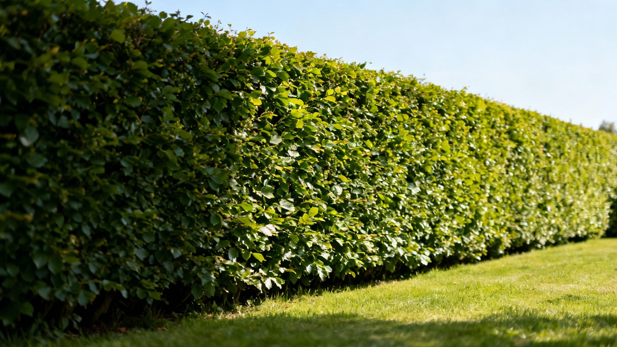 Tæt, grøn og sund bøgehæk i en velplejet have med græsplæne