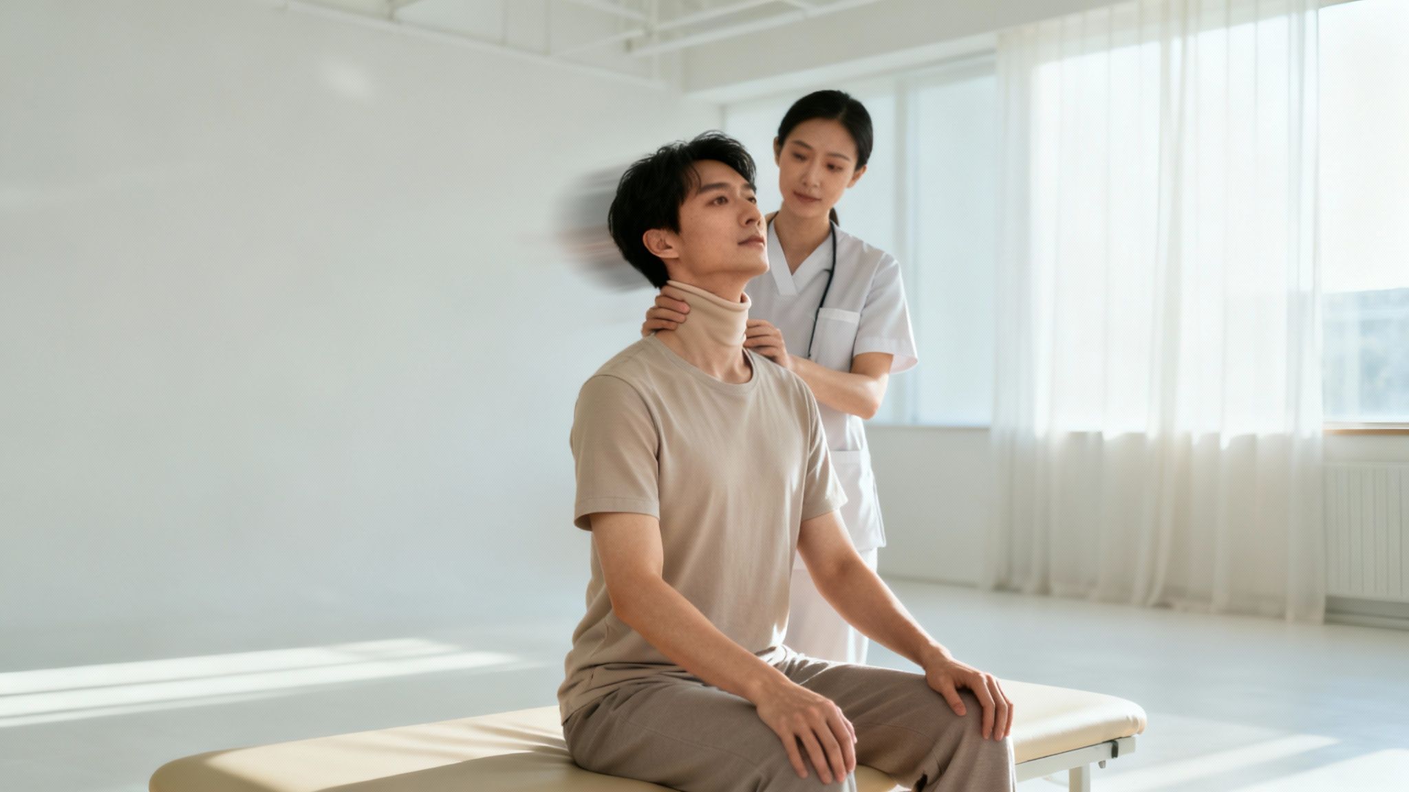 En mand med halskrave får behandling af en sundhedsprofessionel for nakkesmerter.