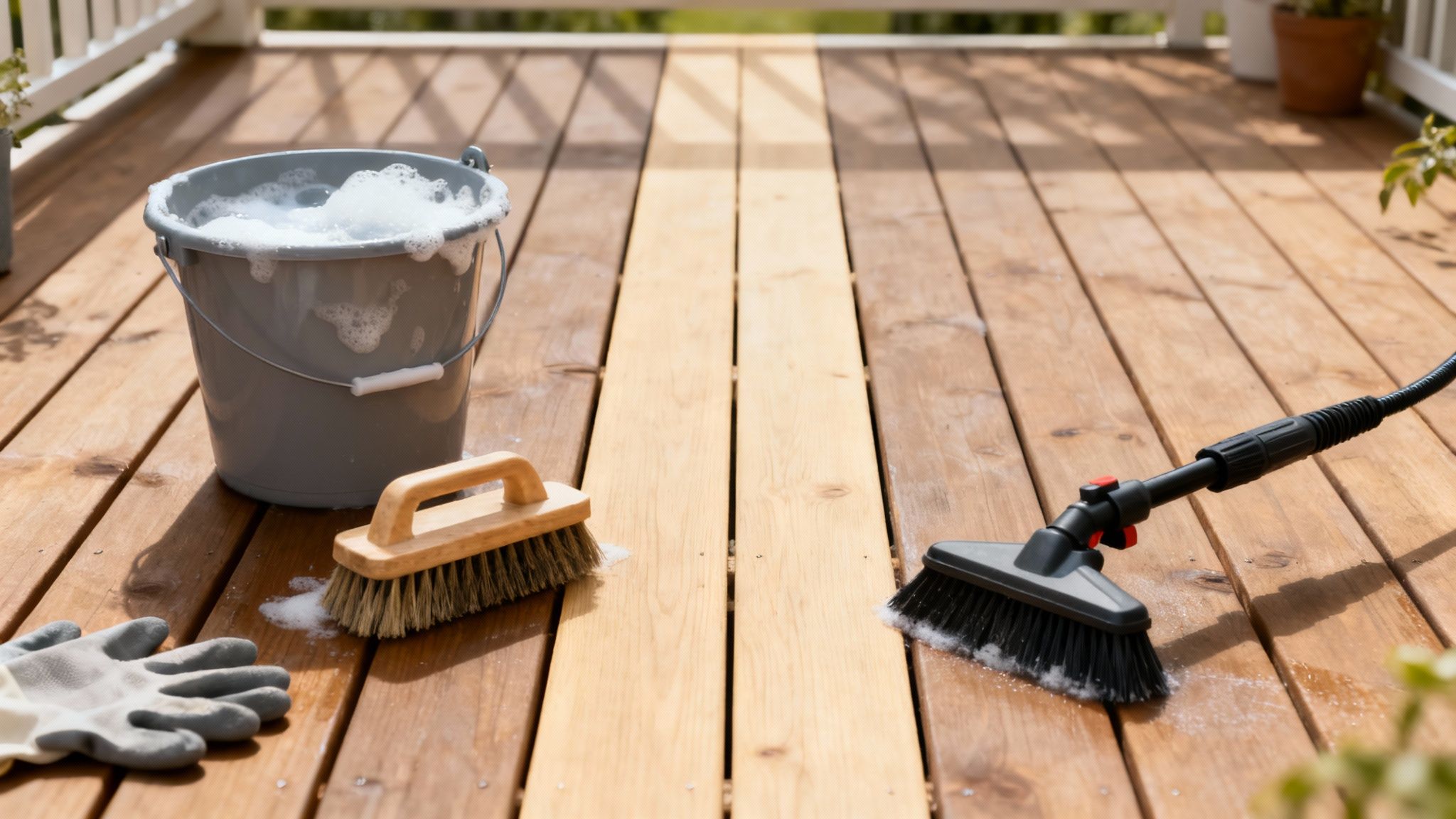 En ren og velholdt træterrasse efter en grundig rengøring.