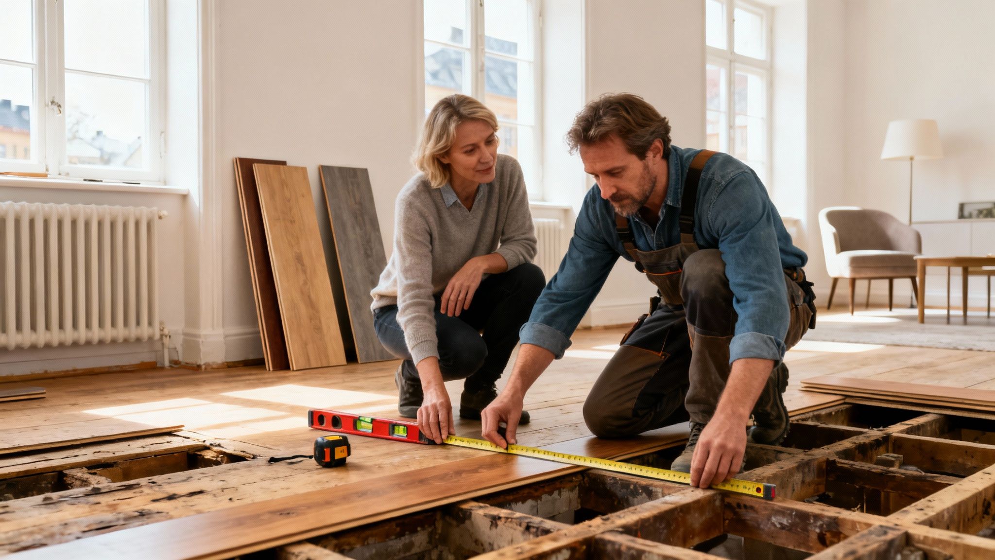 Mand og kvinde måler til nyt gulv. Par lægger trægulv i lejlighed, med gulvprøver og værktøj.