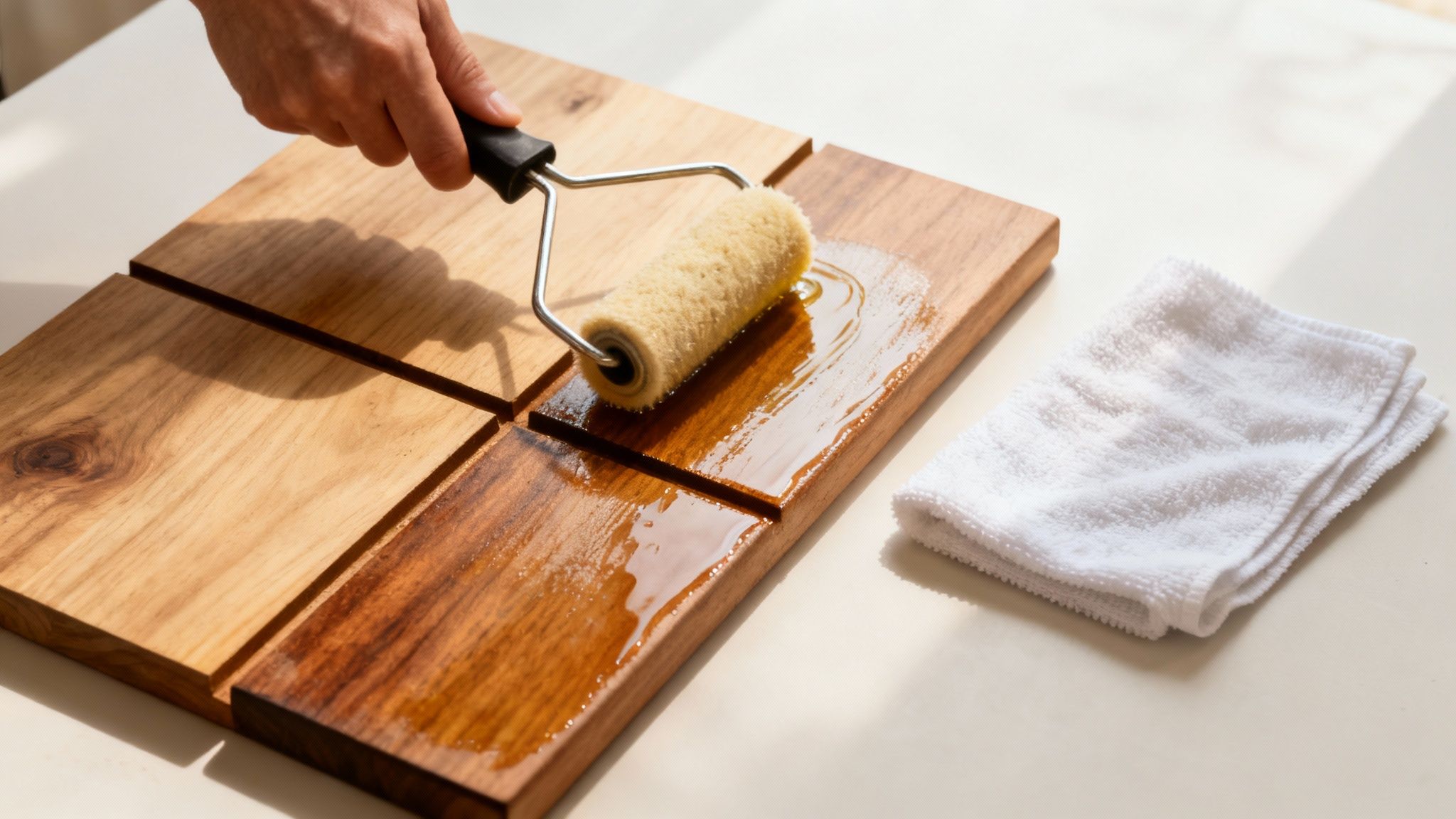 Hånd påfører træolie på skærebræt med rulle, demonstrerer oliering af træ overflade