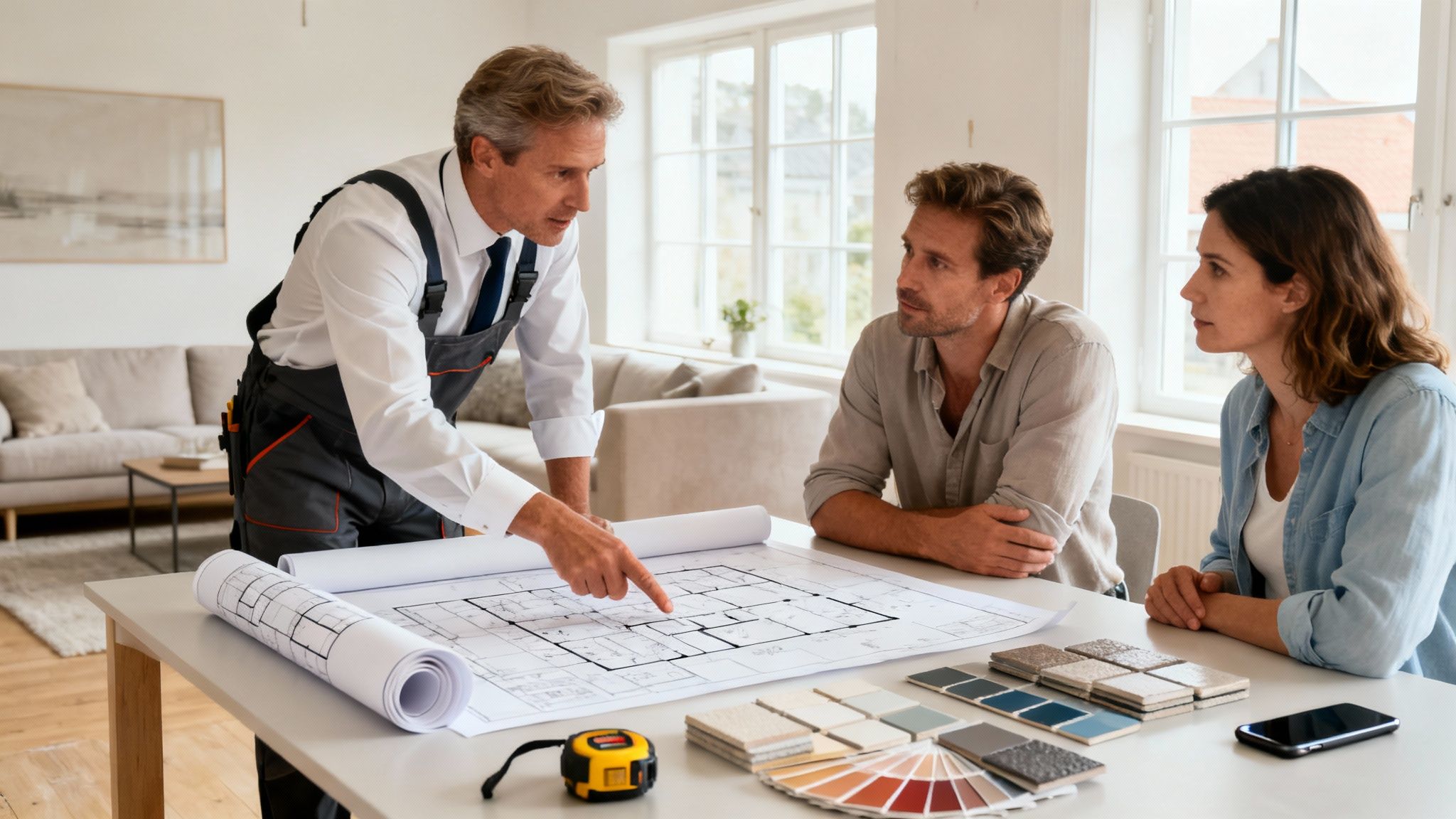 En bygherre forklarer plantegning til et par, der planlægger renovering af deres hjem.