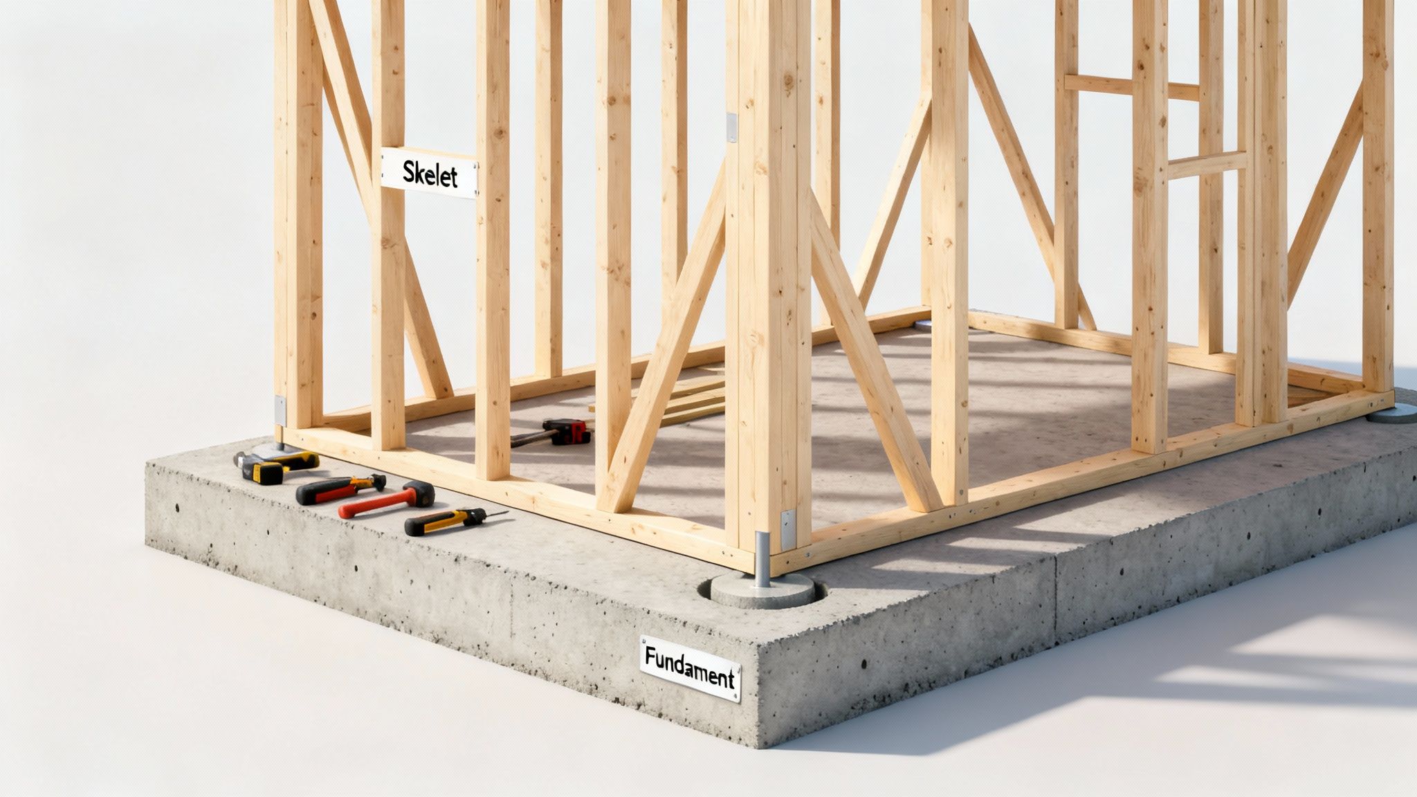 Et hus' trækonstruktion og fundament under opførelse med mærkaterne 'Skelet' og 'Fundament'.