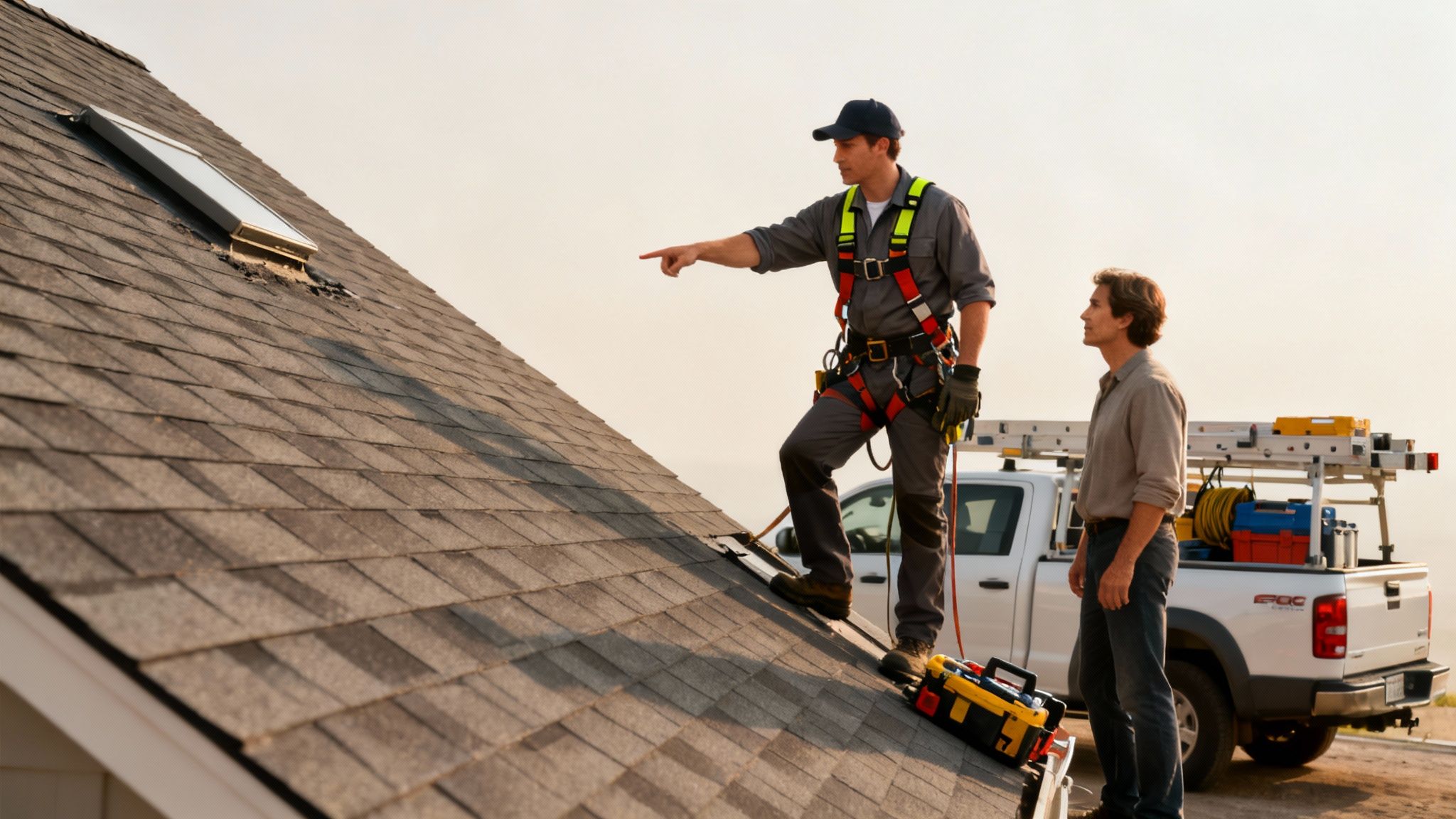 En person, der professionelt renser en tagrende på et hus