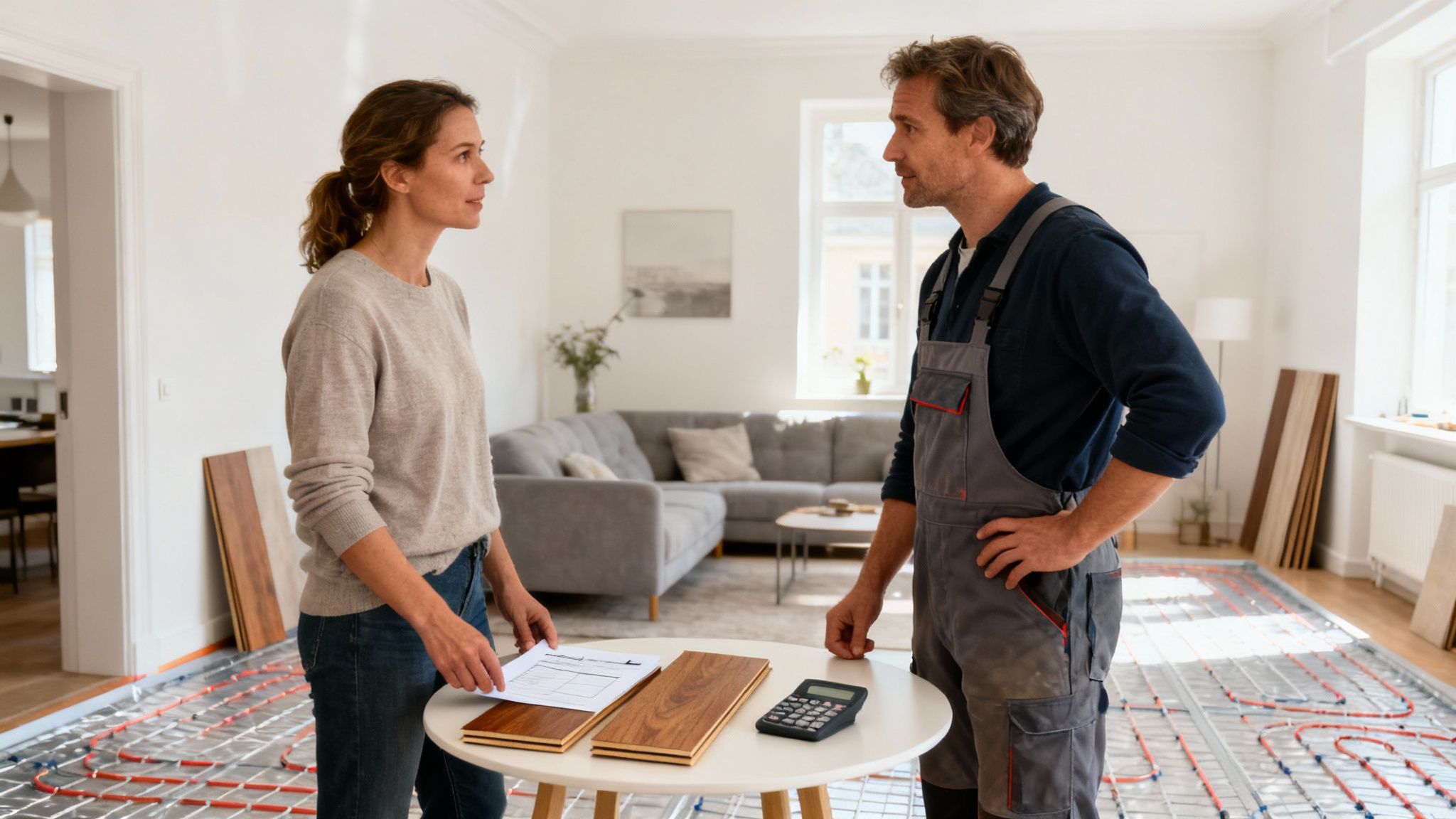 Installation af gulvvarme med rør lagt ud på isolering