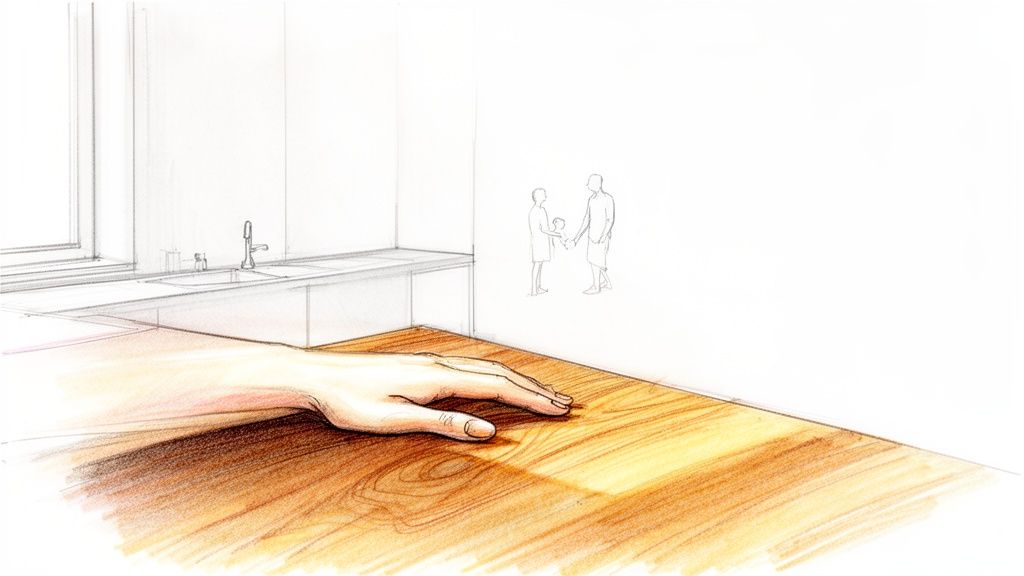 Tegning af en hånd på et trækøkkenbord, med vask og skitserede familiefigurer i baggrunden.