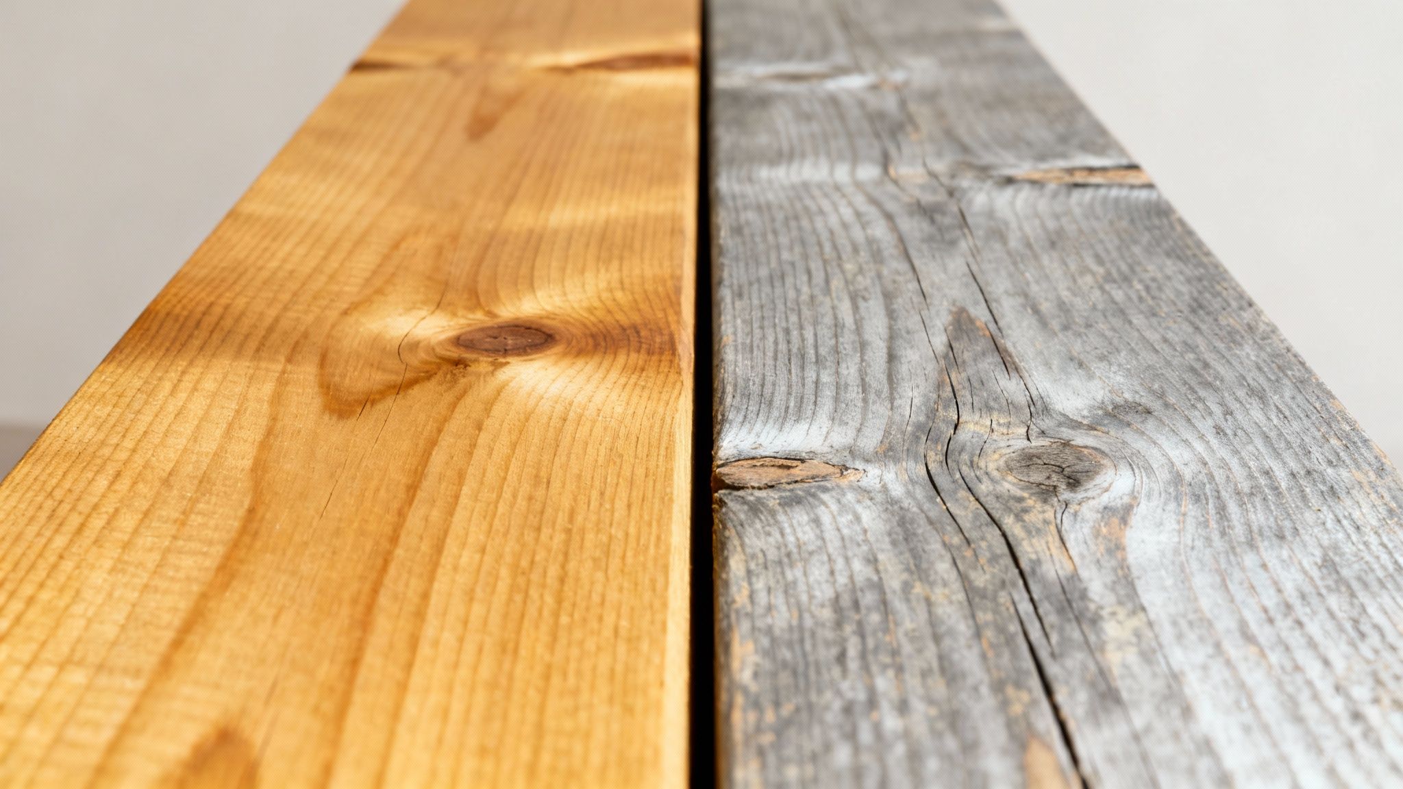 En smuk træterrasse i lyst lærketræ omgivet af grønne planter