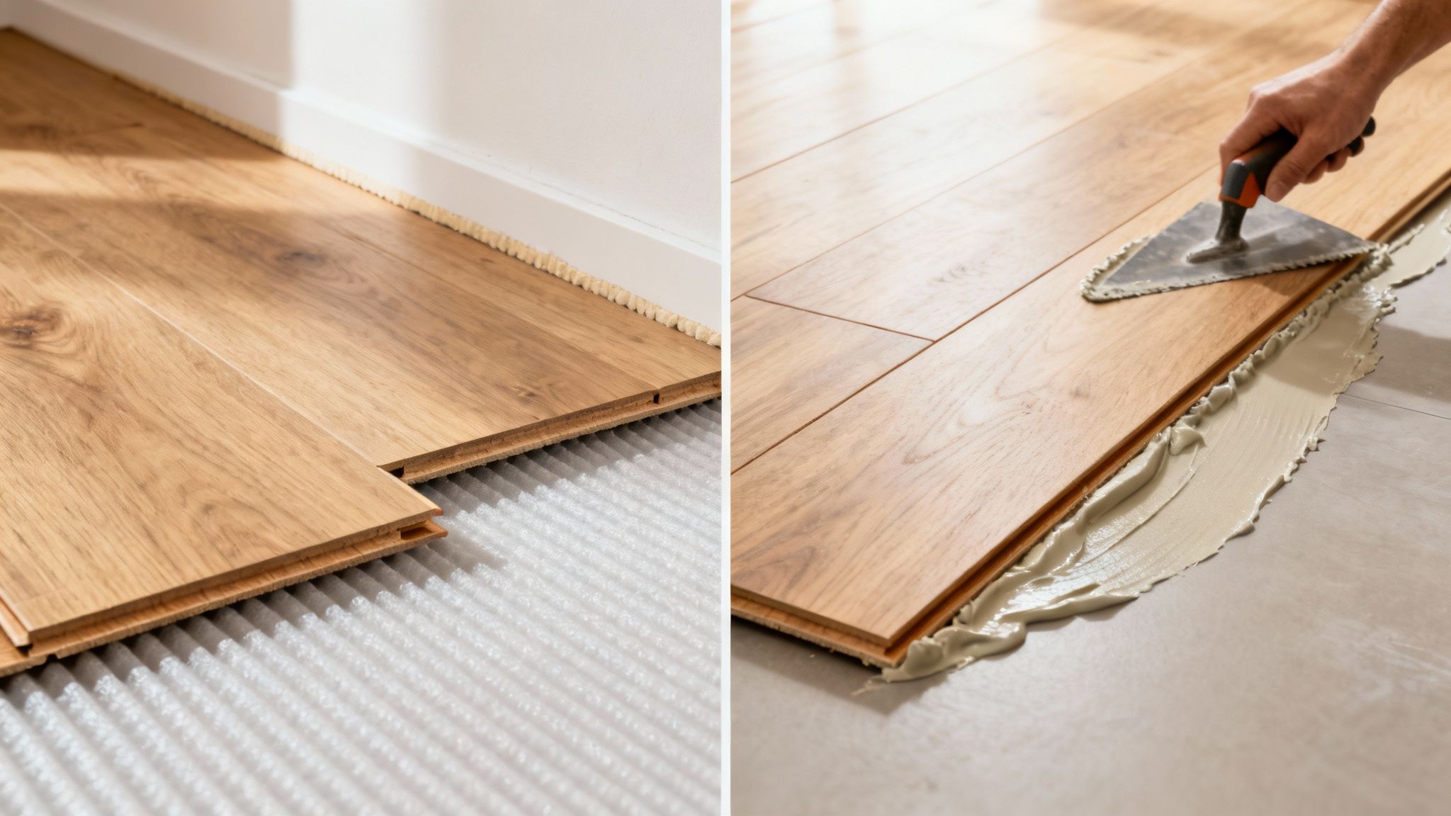 Installation af gulvbrædder med to forskellige metoder: med underlag og med klæbemiddel på gulvvarme.