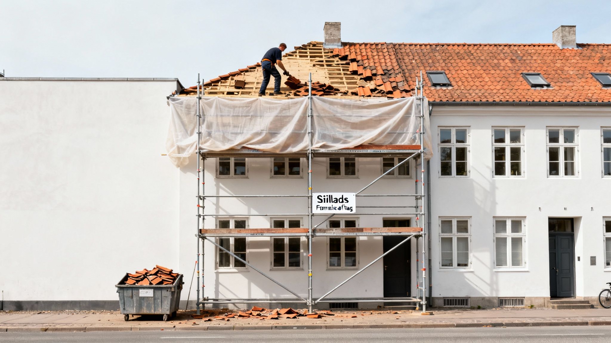 En mand skifter tagsten på et hvidt hus med stillads, en container med gamle tagsten og et skilt.