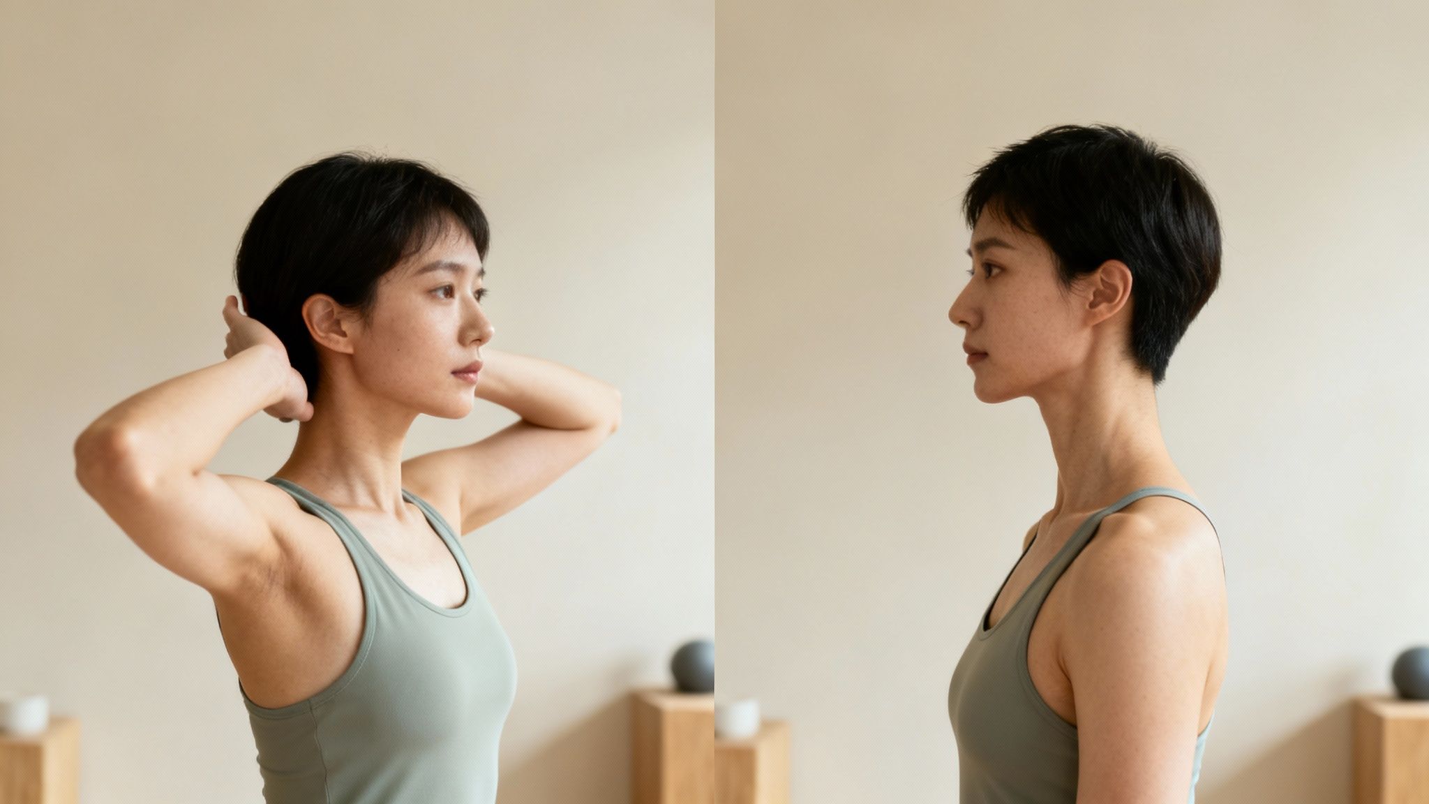 En kvinde med kort hår i lysegrøn top viser to sideprofiler, hvoraf den ene inkluderer nakkeøvelser.