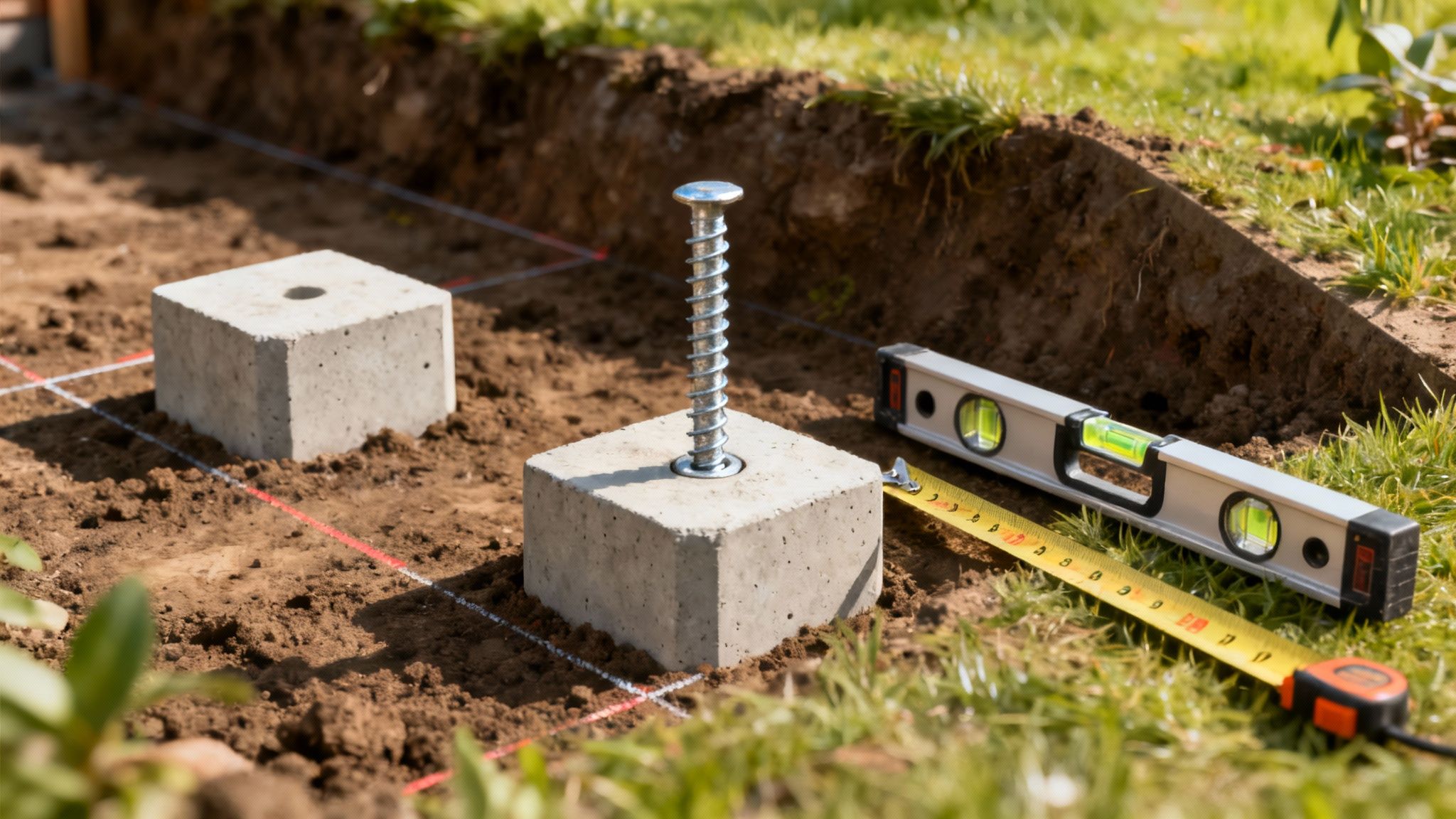 En solid træterrasse under opbygning, der viser det robuste fundament.