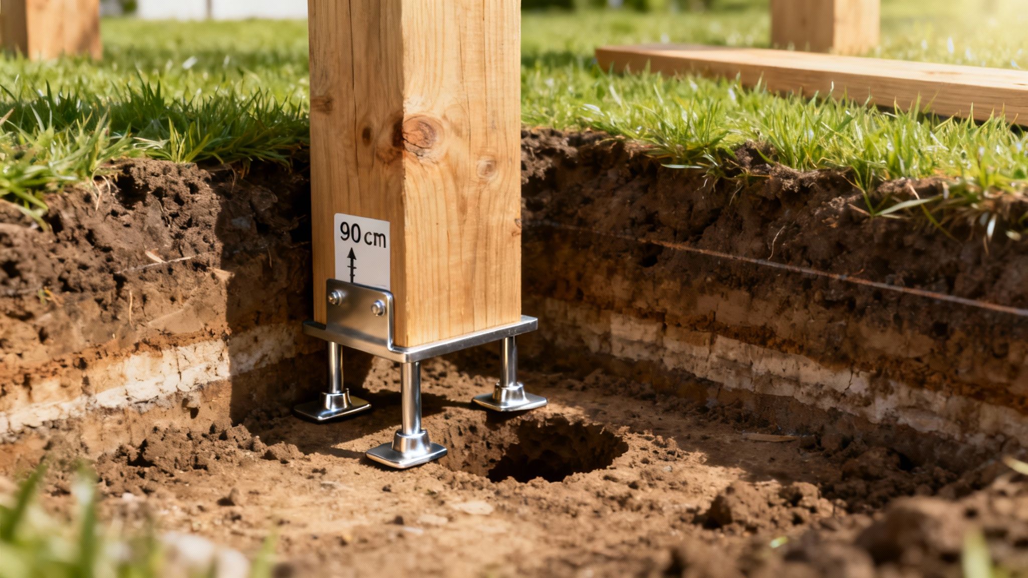 En solid træterrasse under opbygning på justerbare stolpesko i metal