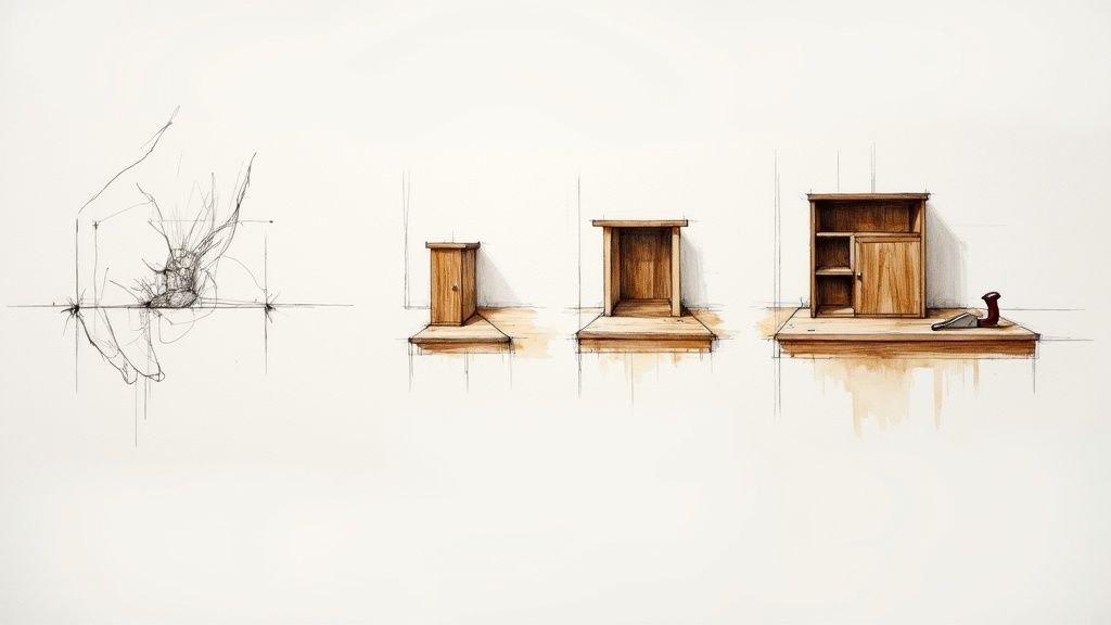 Skitser af træskabe fra designidé til færdigt møbel med håndværktøj.