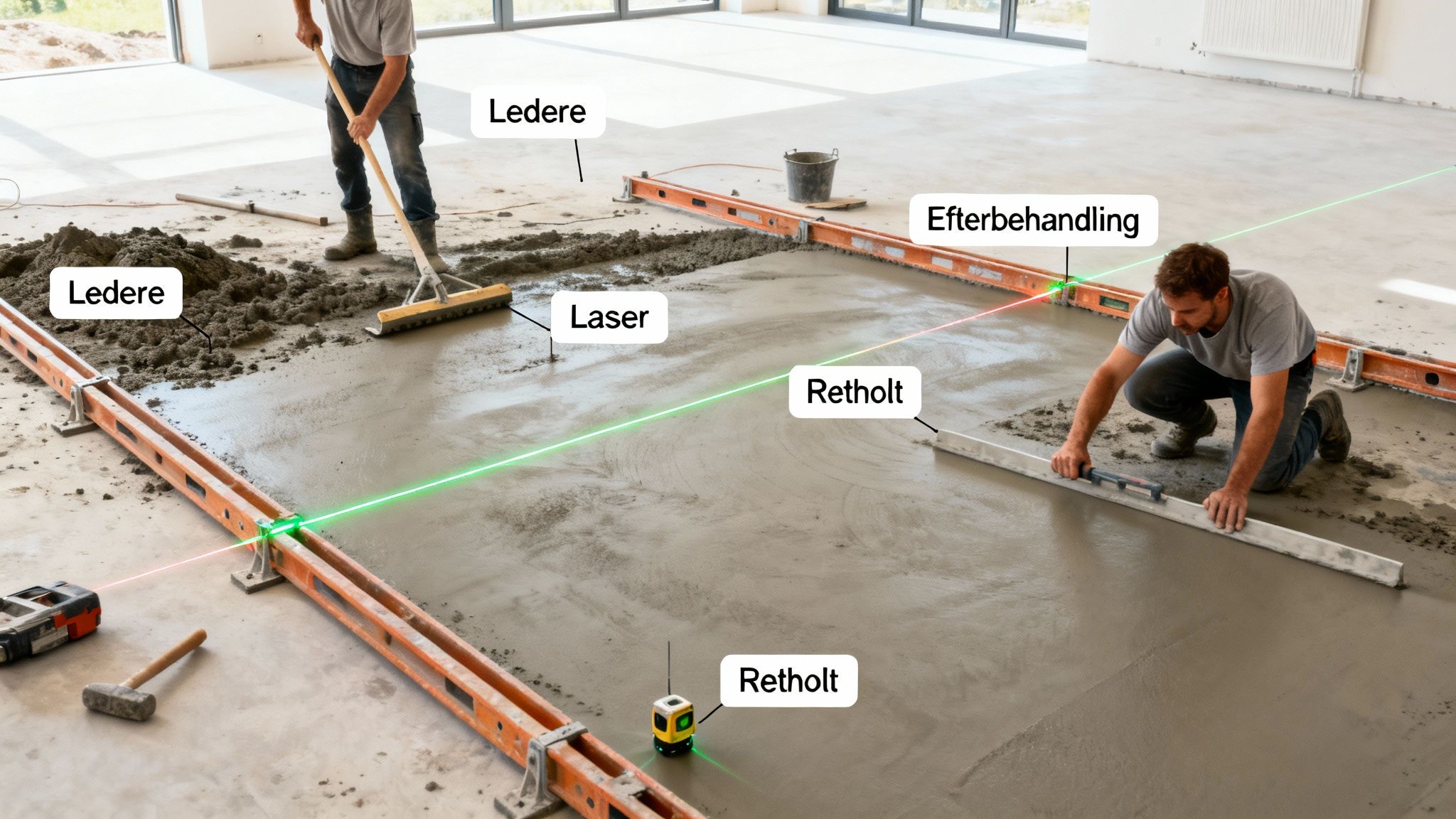 To mænd støber og nivellerer et betongulv med ledere og laser, sikrer jævn overflade.