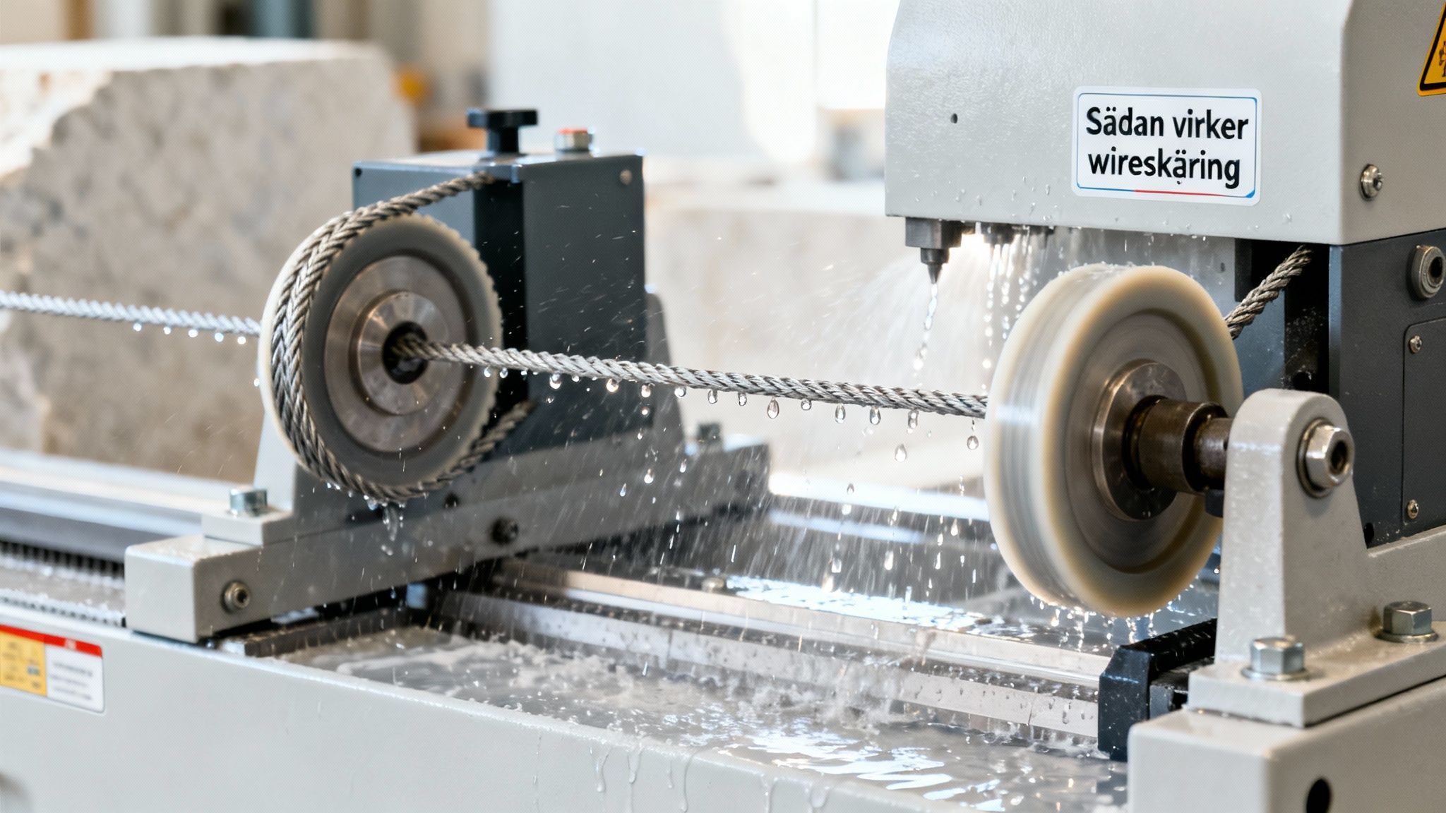 Close-up af en wireskæremaskine i drift, hvor vand sprøjter på wiren under skæring.