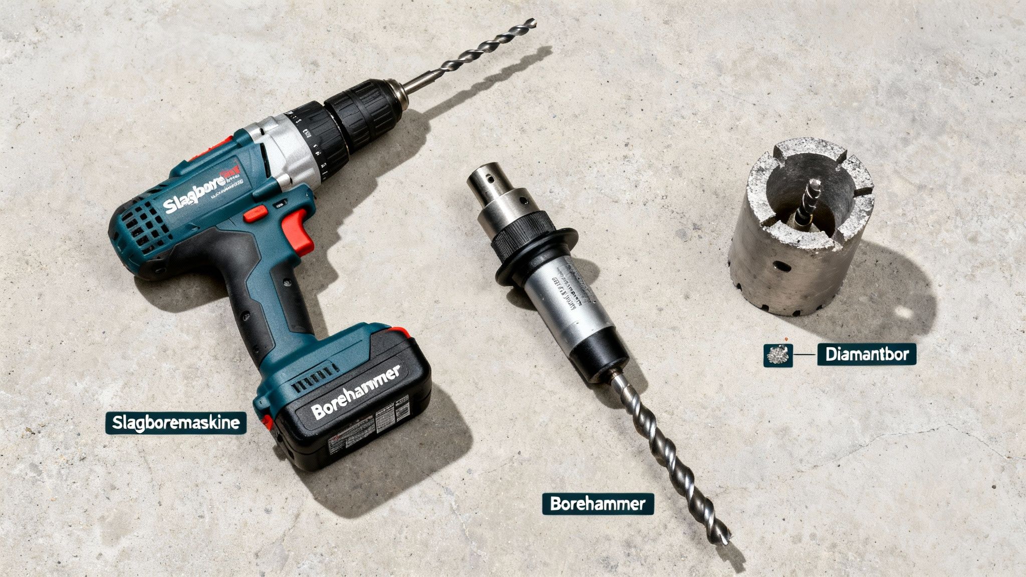 Et billede viser en slagboremaskine, borehammer og diamantbor på en betonoverflade.