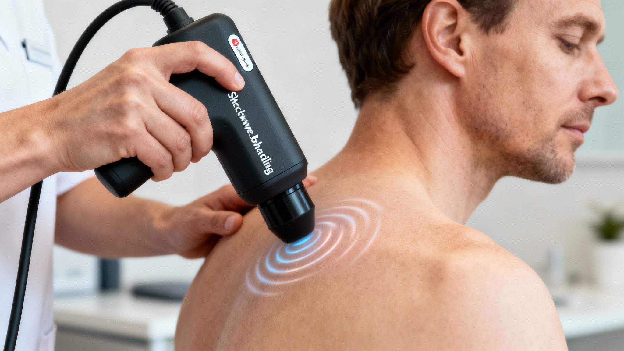 Fysioterapeut udfører shockwave-behandling på en mands skulder, med synlige energibølger.