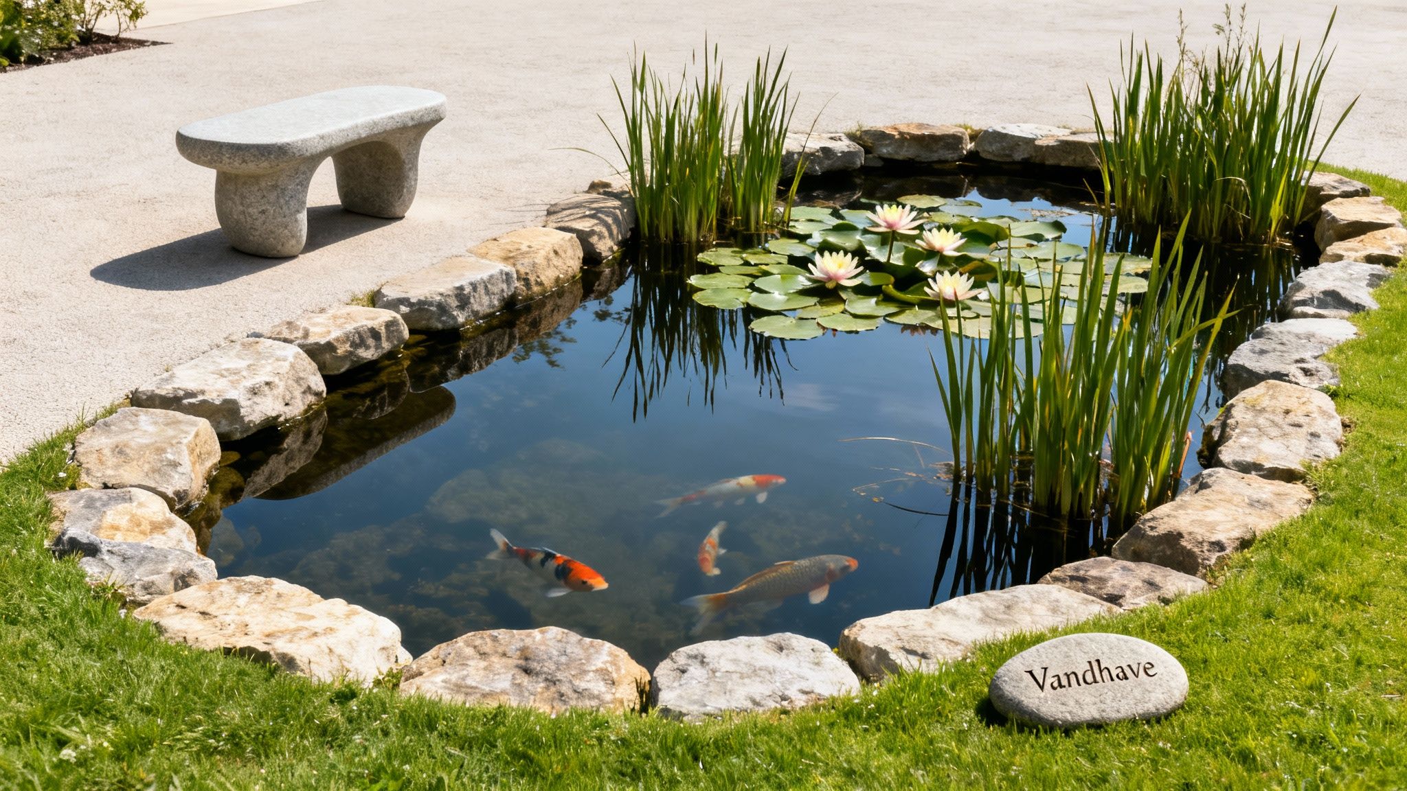 En smuk vandhave med farverige koikarper, åkander, siv og en moderne stenbænk i haven.
