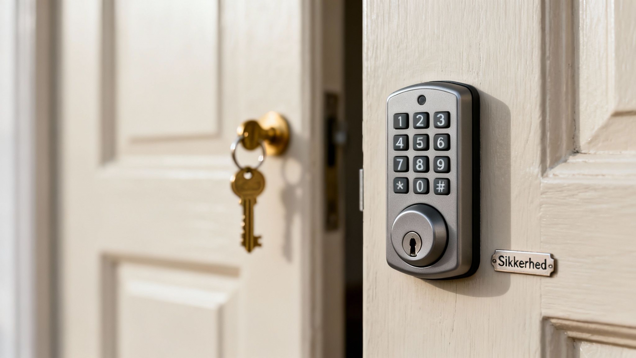 En åben dør med en moderne digital kodelås og et 'Sikkerhed' skilt. En nøgle hænger i en lås i baggrunden.