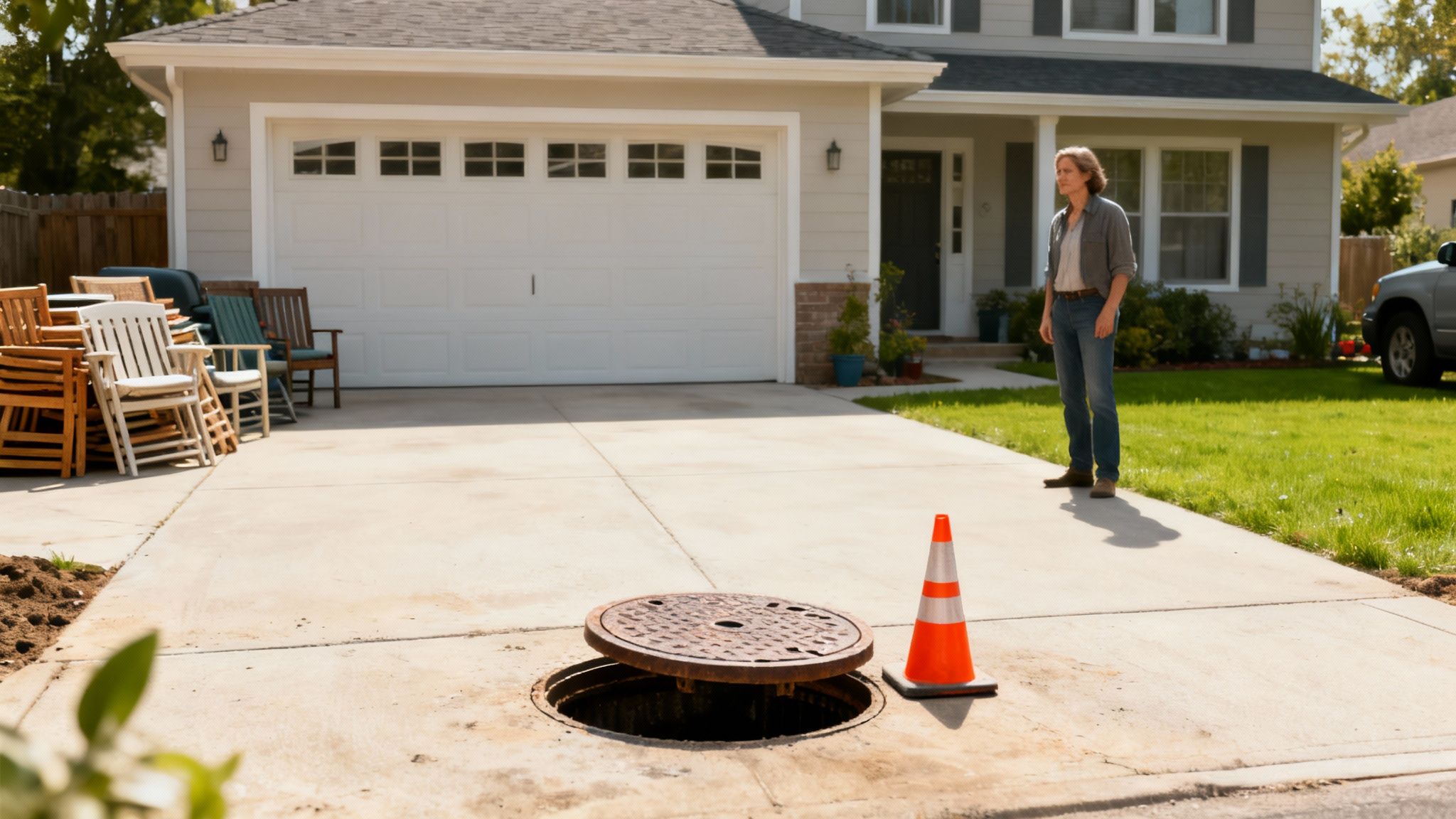 En person står på en indkørsel ved siden af en åben brønd med et trafikkegle, foran et hus med stablede stole.