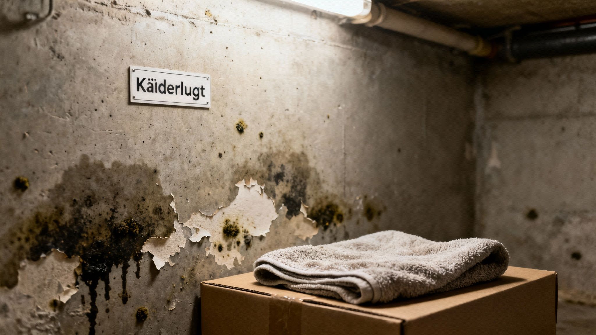 Muggen kældervæg med tydelige fugtskader, afskallende maling og skiltet 'Käderlugt'.
