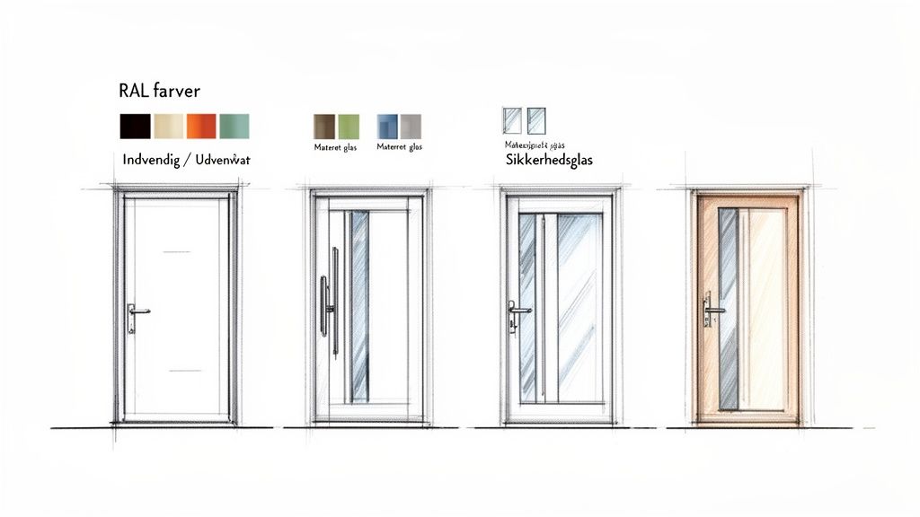 Skitser af fire forskellige facadedøre med muligheder for RAL-farver, materet glas og sikkerhedsglas.