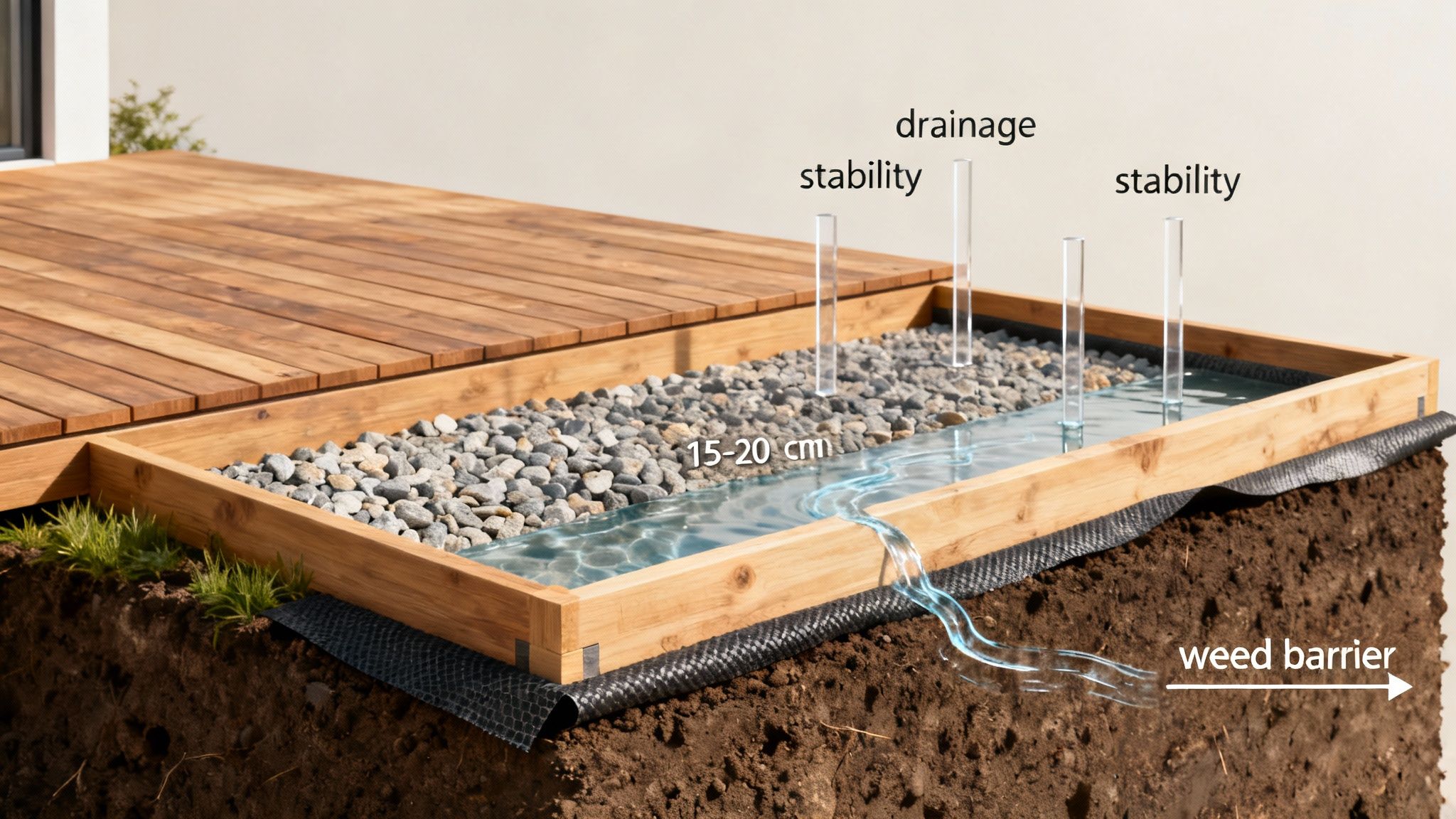 Træterrasse under opbygning med synligt grusfundament