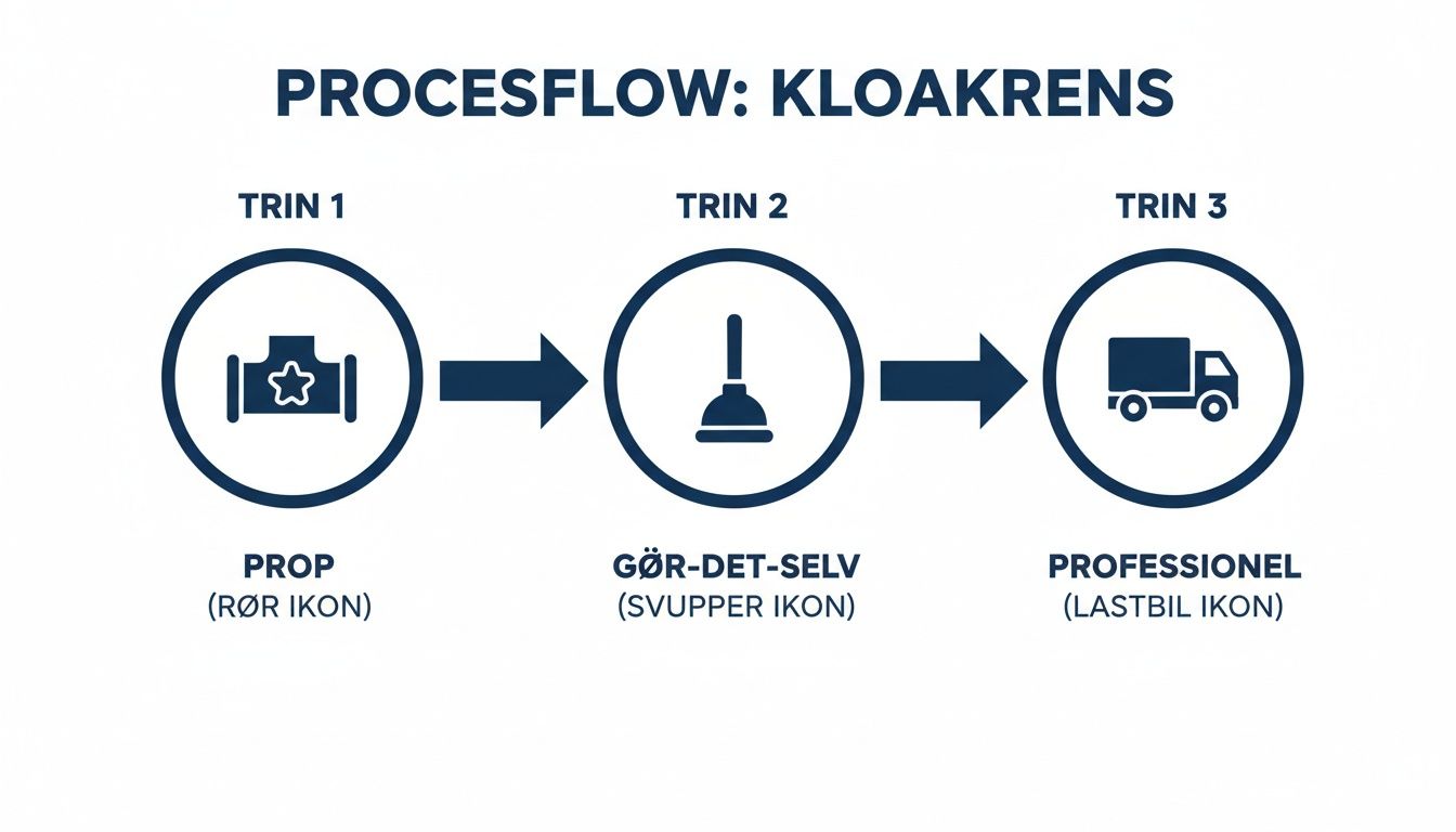Procesflow for kloakrensning med tre trin: prop, gør-det-selv og professionel hjælp.