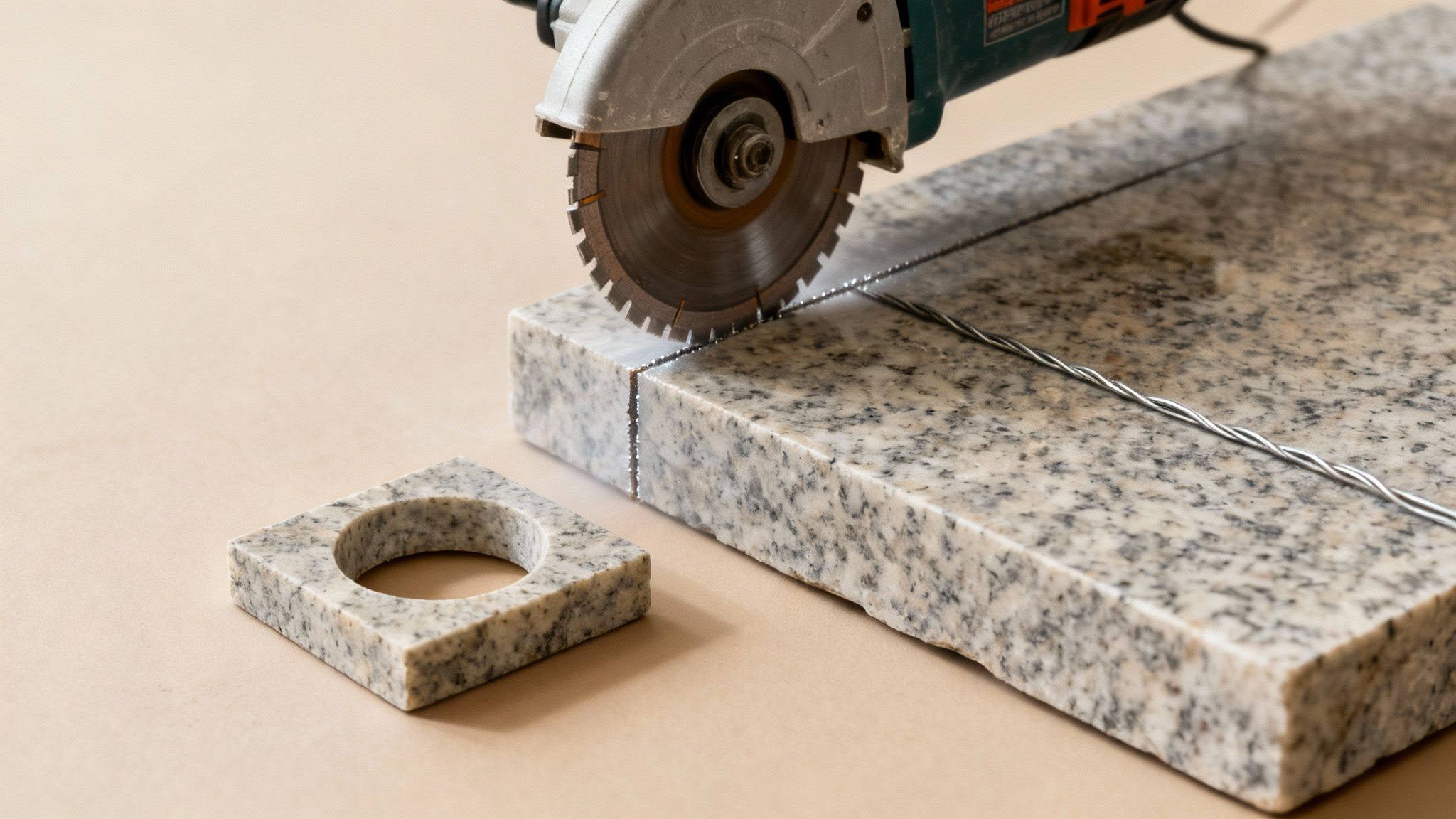 Nærbillede af en vinkelsliber, der skærer i en granitplade, med et udskåret stykke.