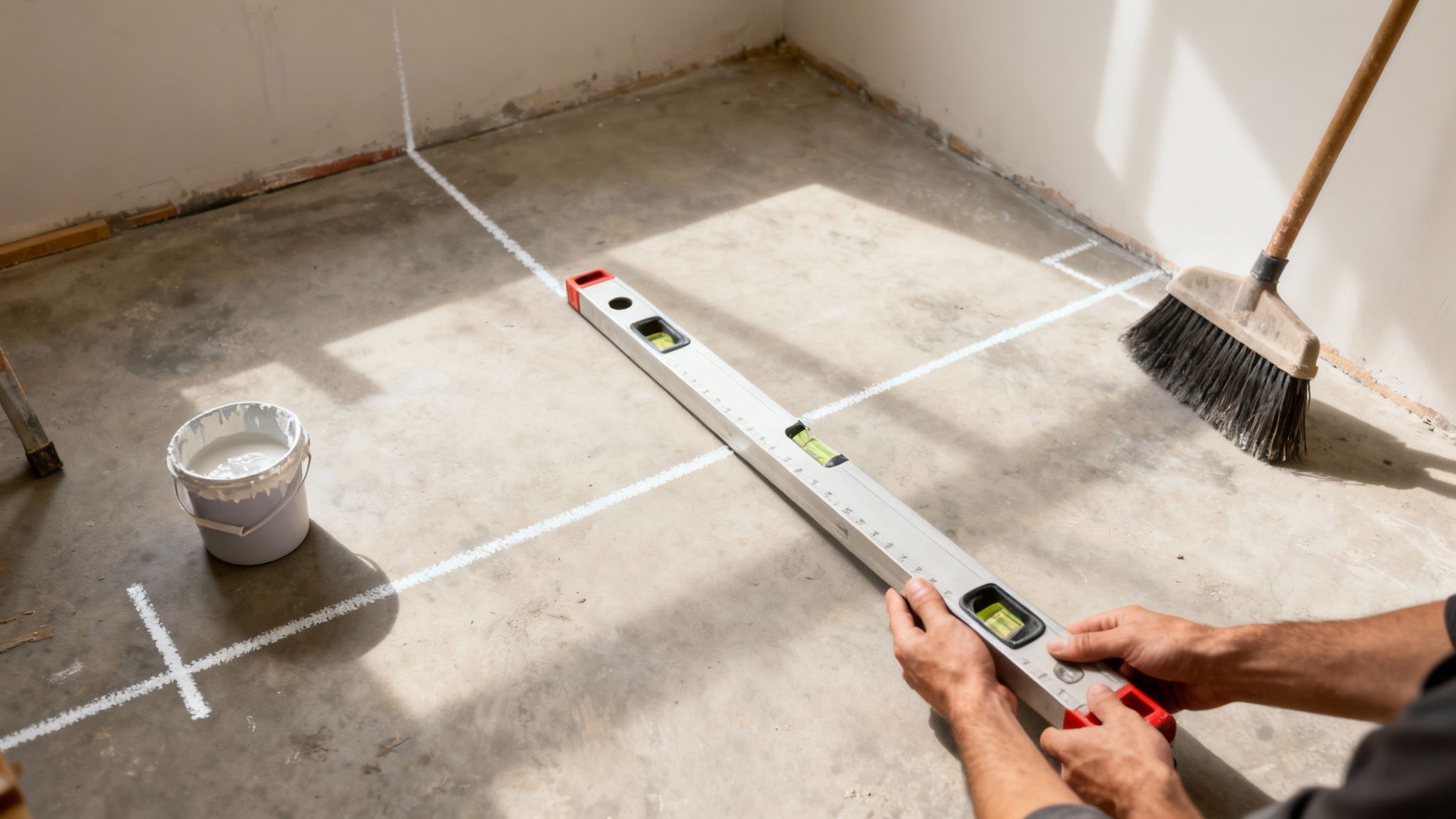 En person bruger et vaterpas til at markere linjer på et gulv under renovering, med maling og kost i nærheden.