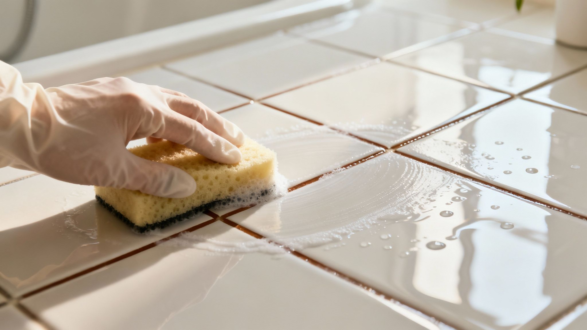 En handskebeklædt hånd rengør hvide fliser med en gul svamp og sæbevand.
