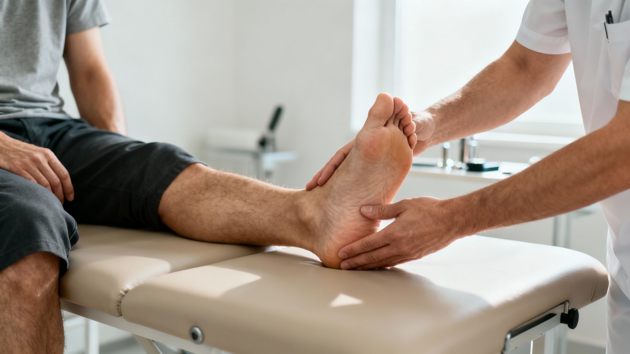 En fysioterapeut undersøger en patients fod og ankel på en briks i en klinik.