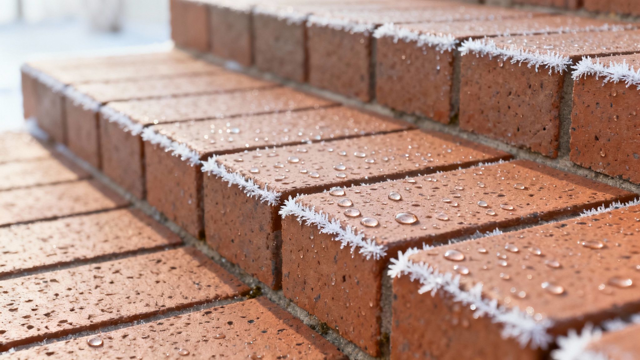 Nærbillede af udendørs trapper lavet af røde klinker med vanddråber og hvid rimfrost på kanterne.