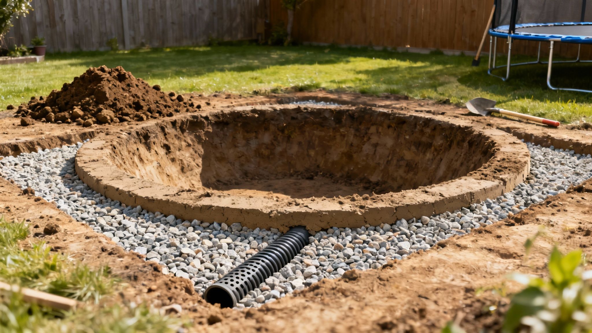 Et udgravet rundt hul i en have, omgivet af grus og en drænrør, klar til en nedgravet trampolin.