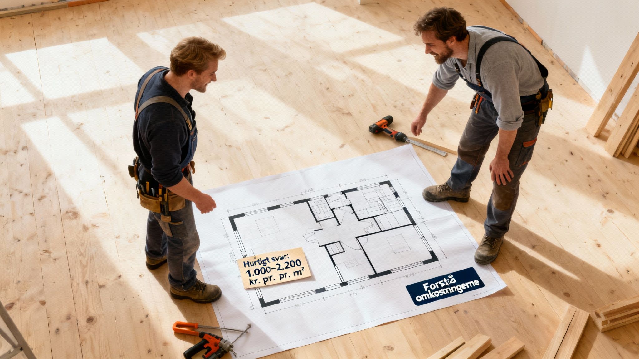 To bygningsarbejdere gennemgår en plantegning for et byggeprojekt på et trægulv, med fokus på omkostninger.