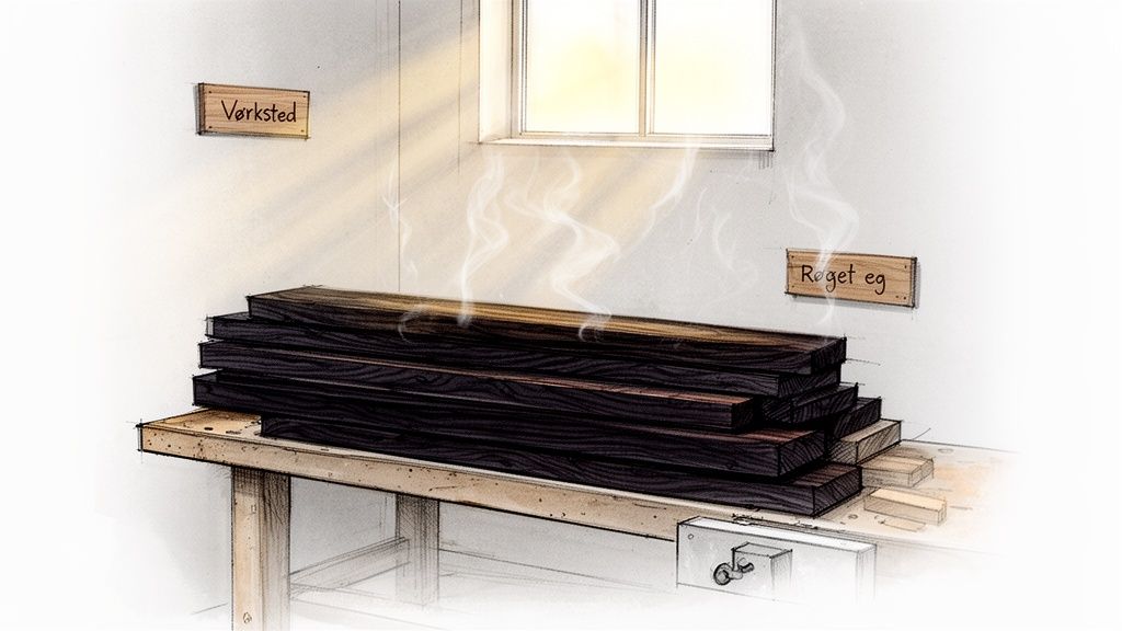 Illustration af mørke egetræsplanker på et værkstedsbord med stigende damp, ved siden af skilte der siger 'Værksted' og 'Røget eg'.