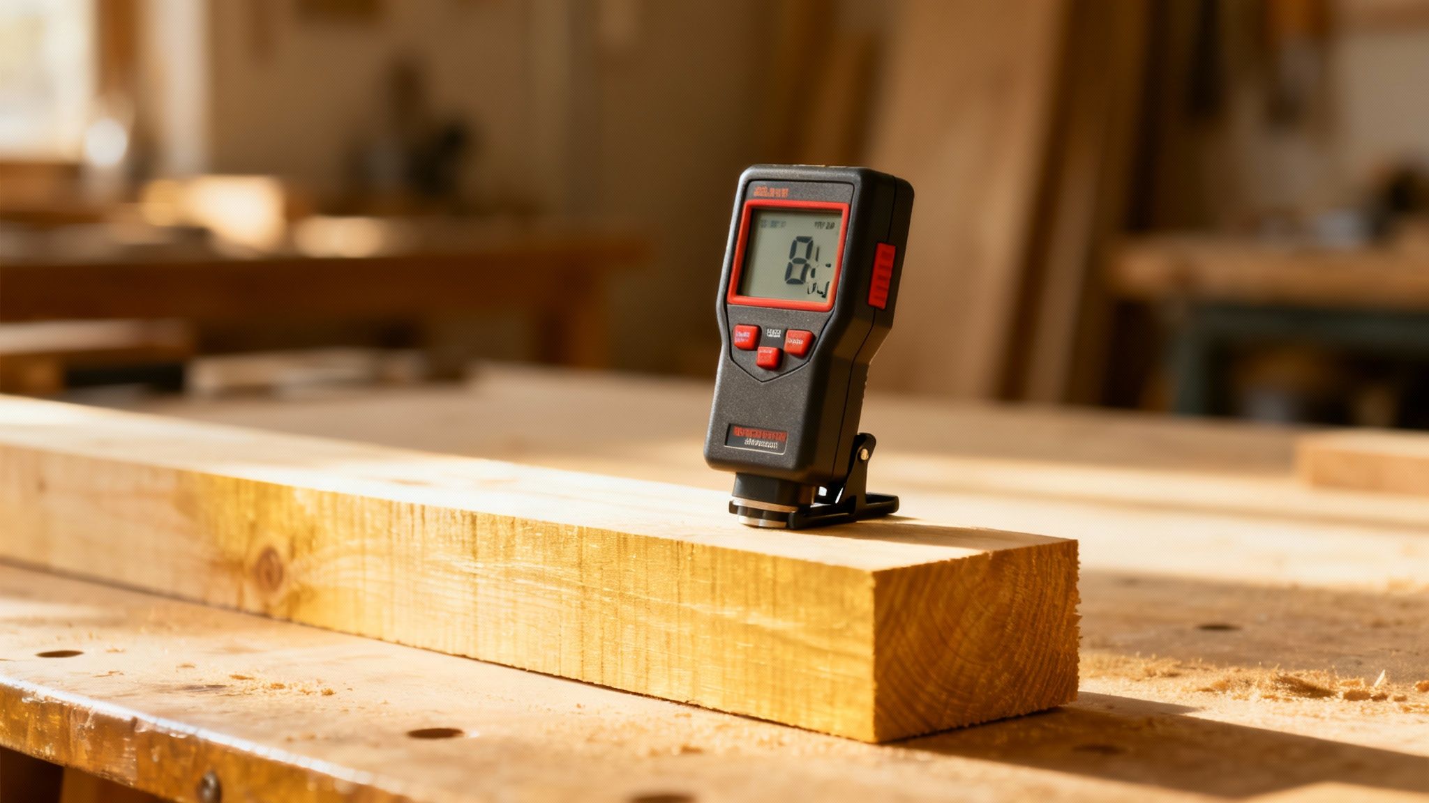 En tømrer bruger en fugtmåler på et træbræt