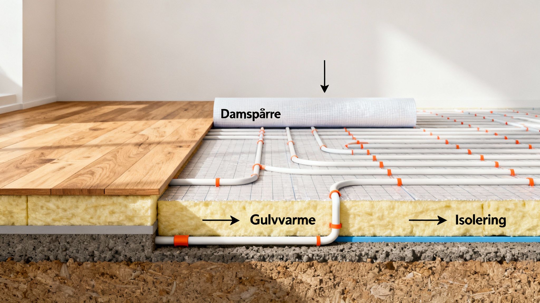Detaljeret snit af gulvkonstruktion med gulvvarme, isolering, dampspærre og trægulv. Viser lagene i en moderne gulvopbygning.