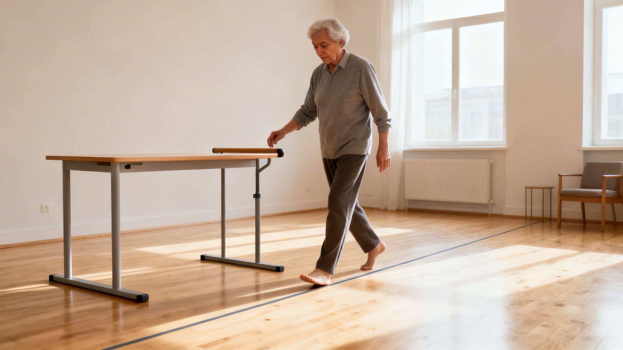 Ældre kvinde laver balanceøvelser, går på en linje med et bord til støtte i et lyst rum.