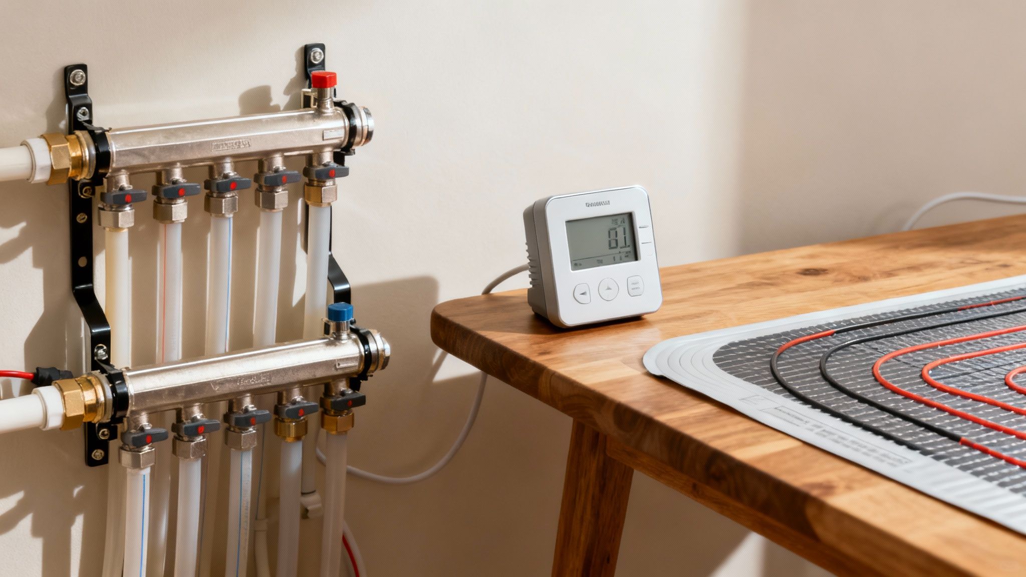 En person installerer vandbåren gulvvarme