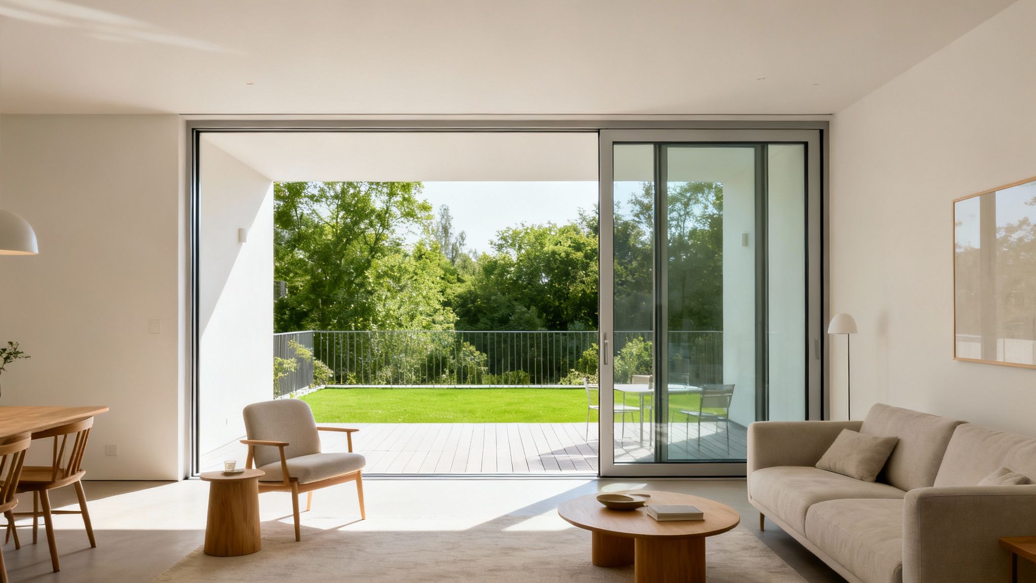 Moderne stue med stor glasskydedør ud til træterrasse og grøn have. Lys indretning med sofa og spiseplads.