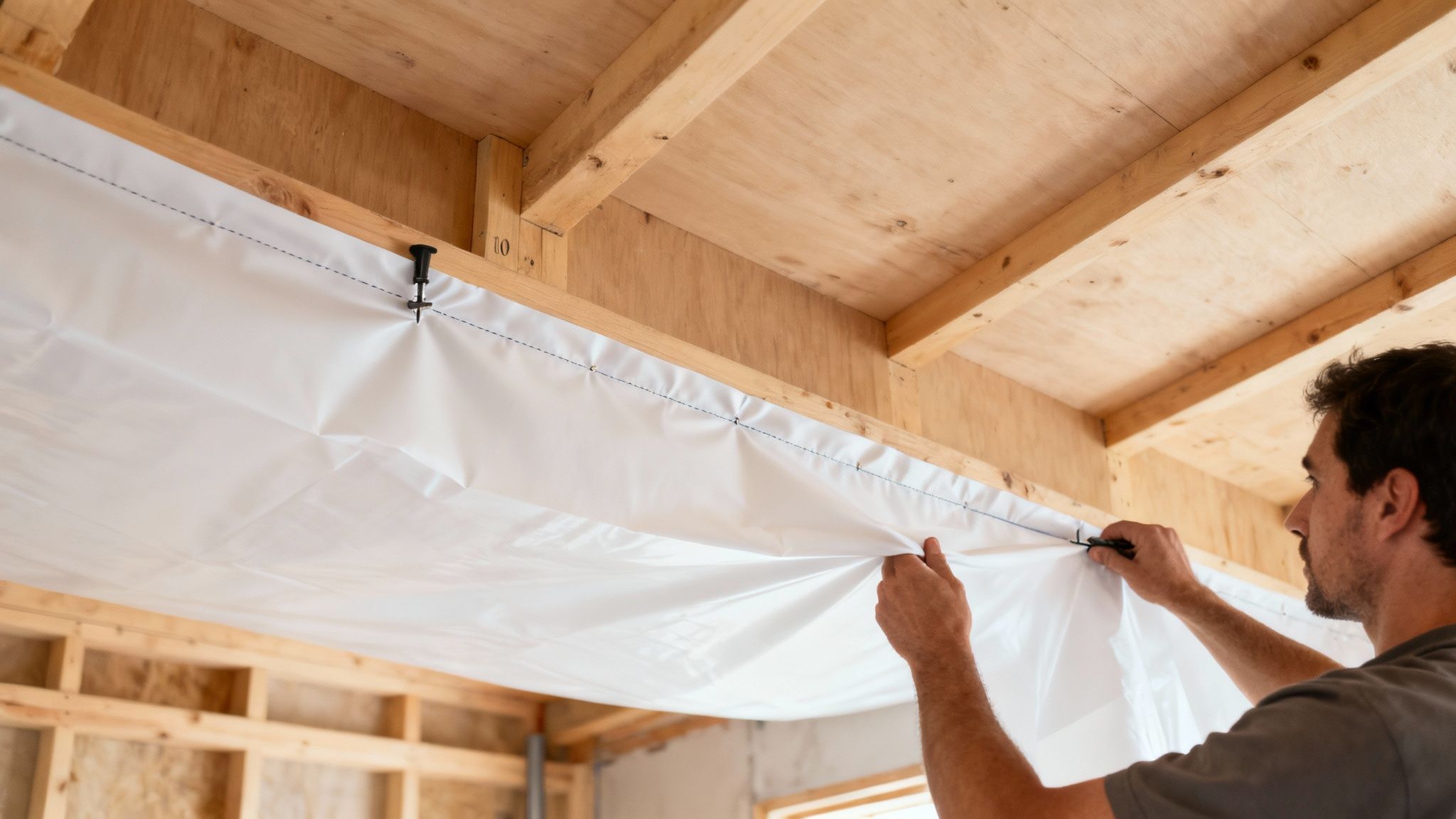 En mand monterer en hvid dampspærre på et loft af træbjælker og finer i et hus under opførelse.