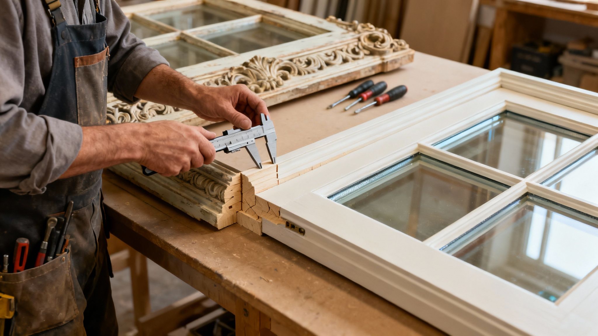 En håndværker måler en udskåret træramme med en skydelære under restaurering af døre eller vinduer.