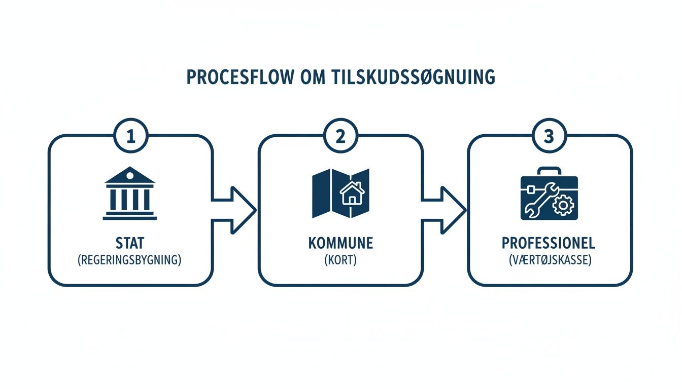 Processflow der illustrerer tilskudssøgning fra staten, gennem kommunen, til en professionel udfører.