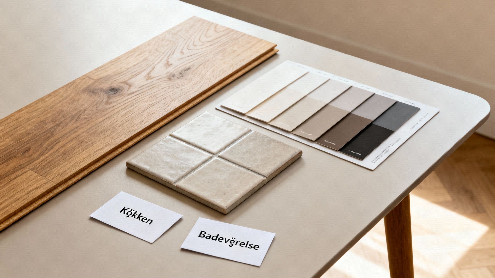 Renoveringsprøver: trægulv, fliser, farvepalet og skilte til køkken og badeværelse.