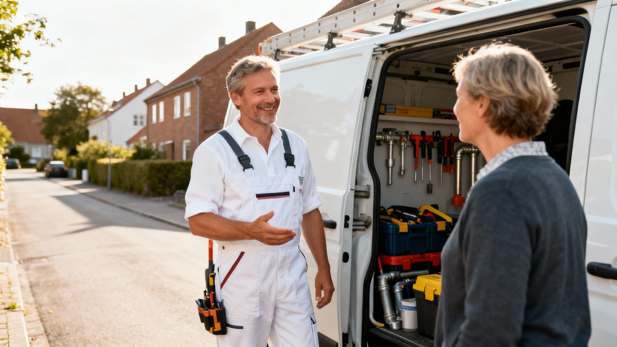 En glad VVS-mand i arbejdstøj taler med en ældre kvindelig kunde ved sin servicevogn.
