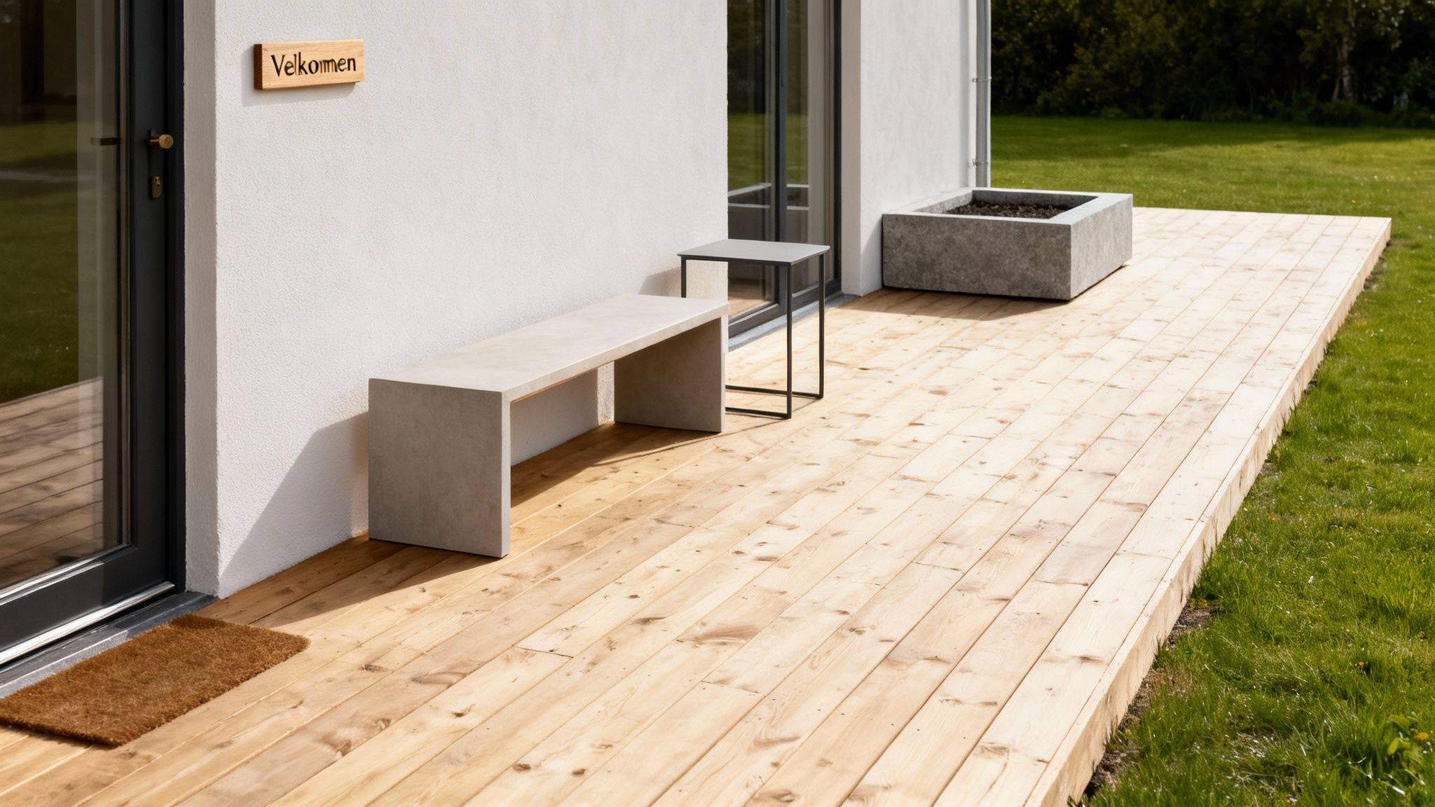 En moderne træterrasse ved et hvidt hus med en betonbænk, et lille bord, en plantekasse og et 'Velkommen'-skilt.