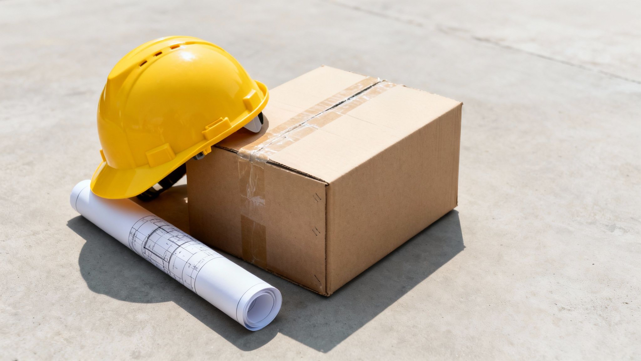 Byggehjelm, tegninger og pakke på beton, klar til et byggeprojekt i sollys.